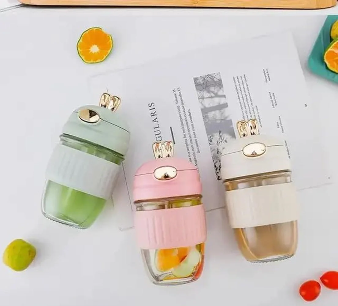 Adorable Rabbit Double Drinking Cup – Glass Mug with Straw & Lid | Portable & Leakproof - Image 3