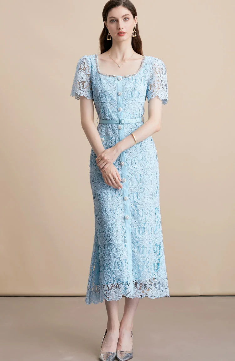 Alaina Luxe Midi Dress With Belt in Blue - Image 3