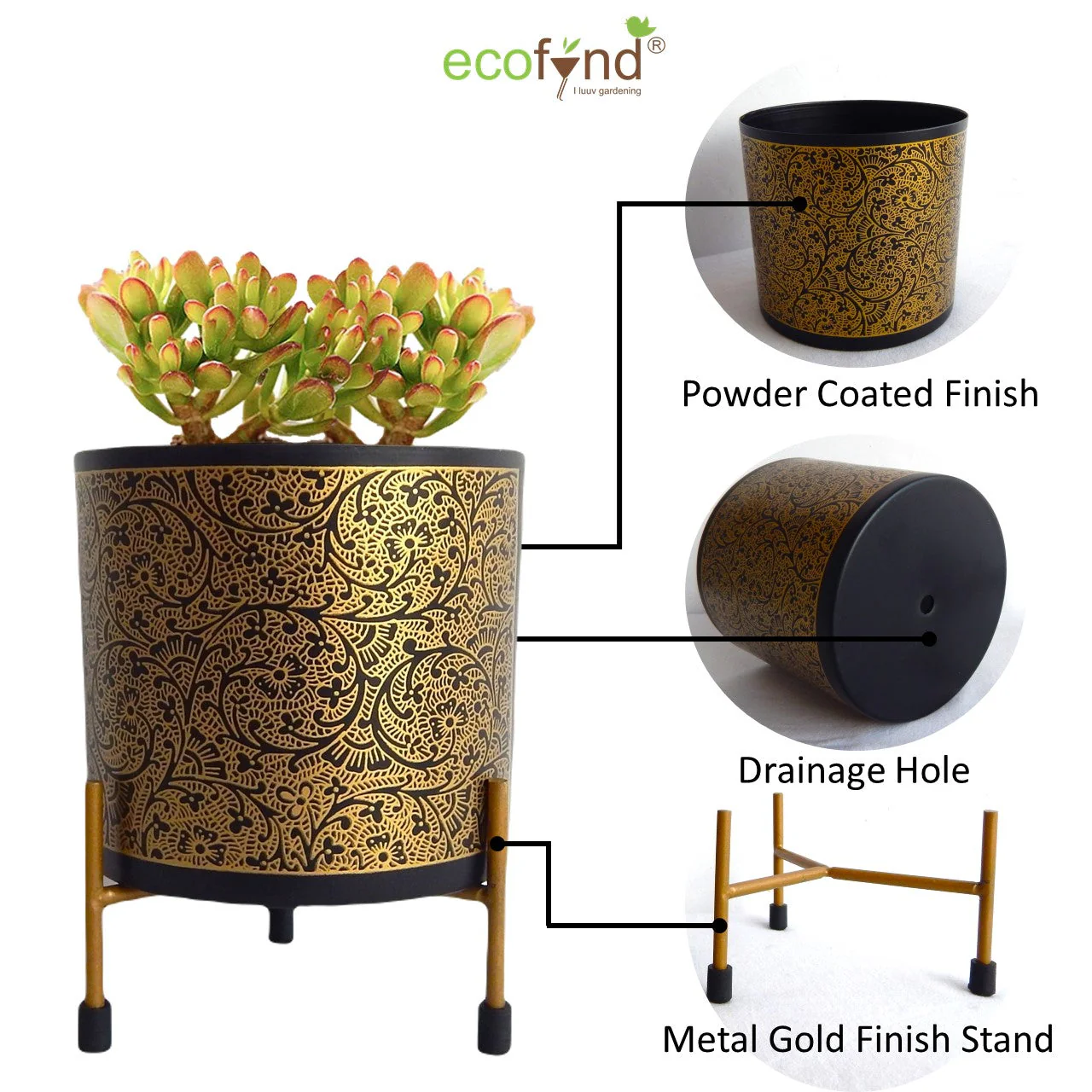 Alan Black/Gold Metal Plant Pot with Stand - Image 3