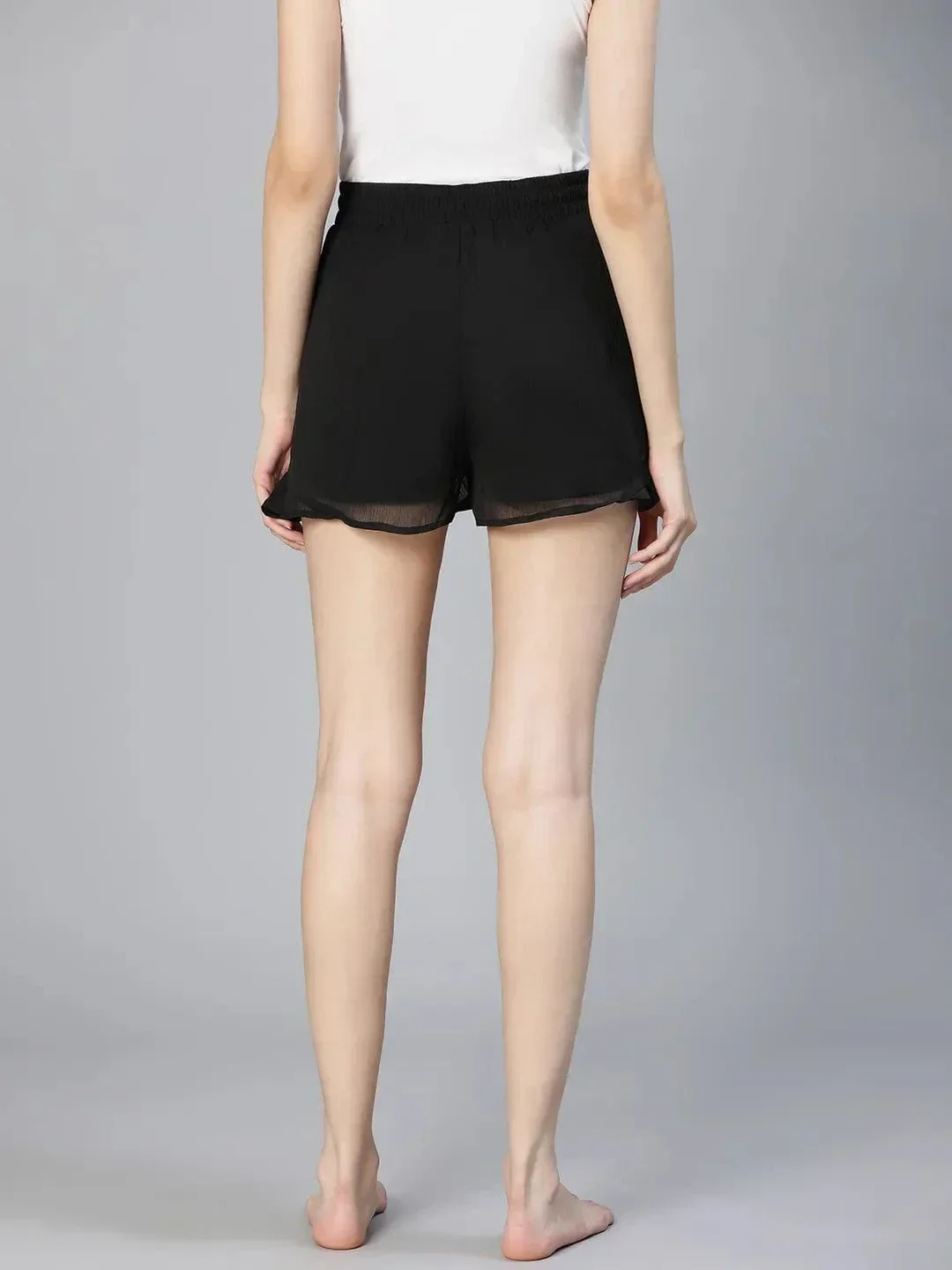 All Black Elsticated & Ruffled Women Comfy Nightwear Shorts - Image 5
