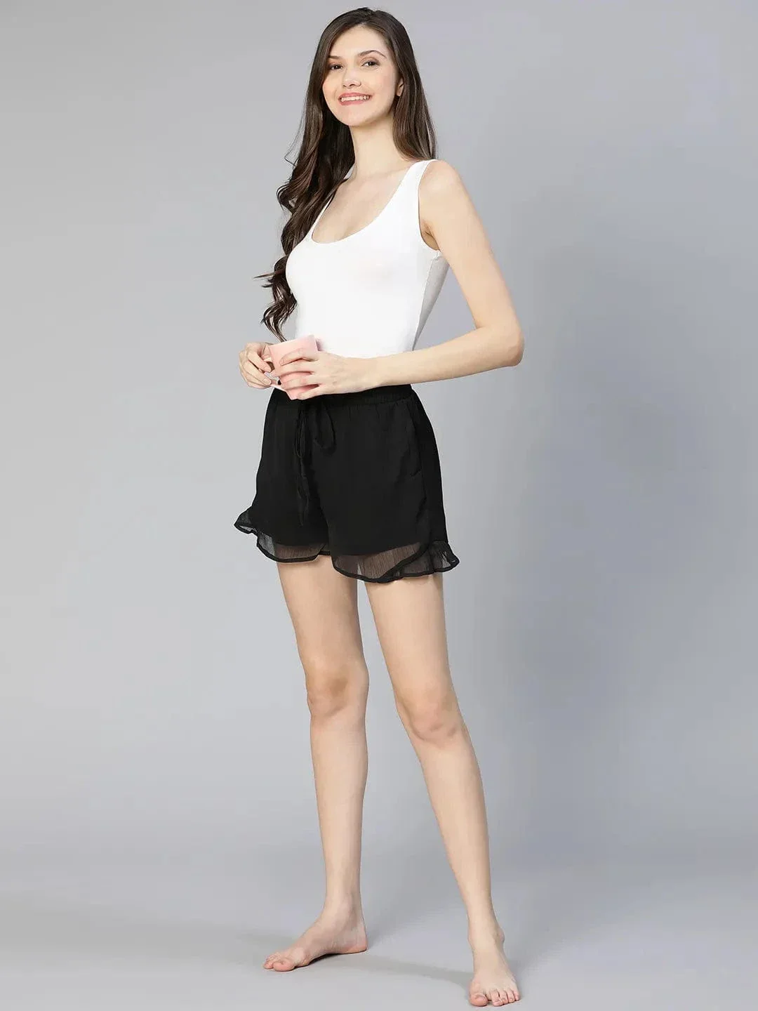 All Black Elsticated & Ruffled Women Comfy Nightwear Shorts - Image 7