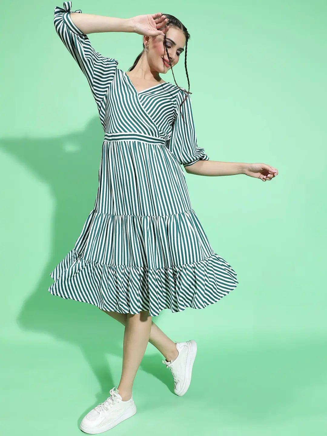 All Green Stripe Print Women Knee Length women Dress - Image 2