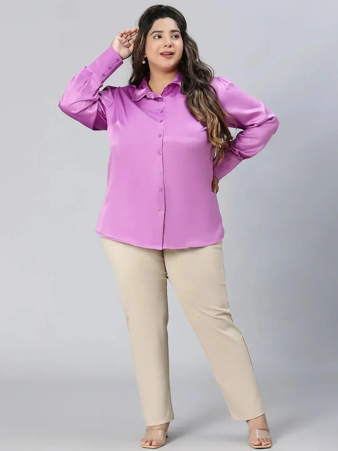 All Purple Collared Long Sleeve Plus Size Shirt - Image 2
