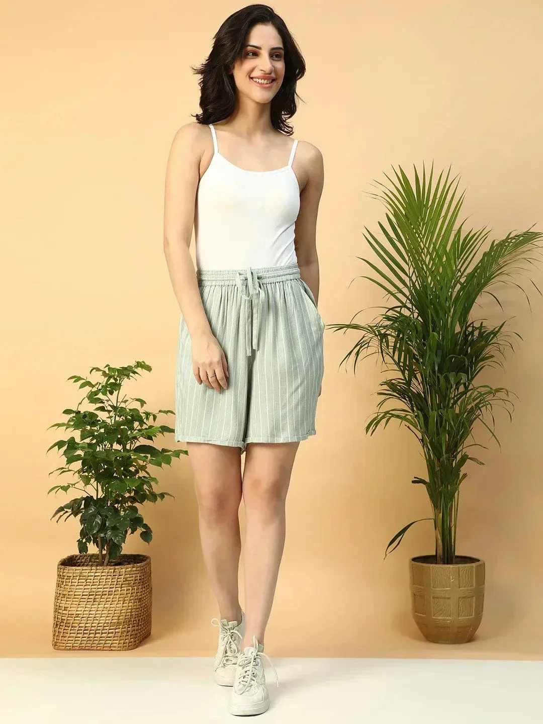 Alley Green Stripe Print Elasticated With Tie-Up String Women Shorts - Image 2