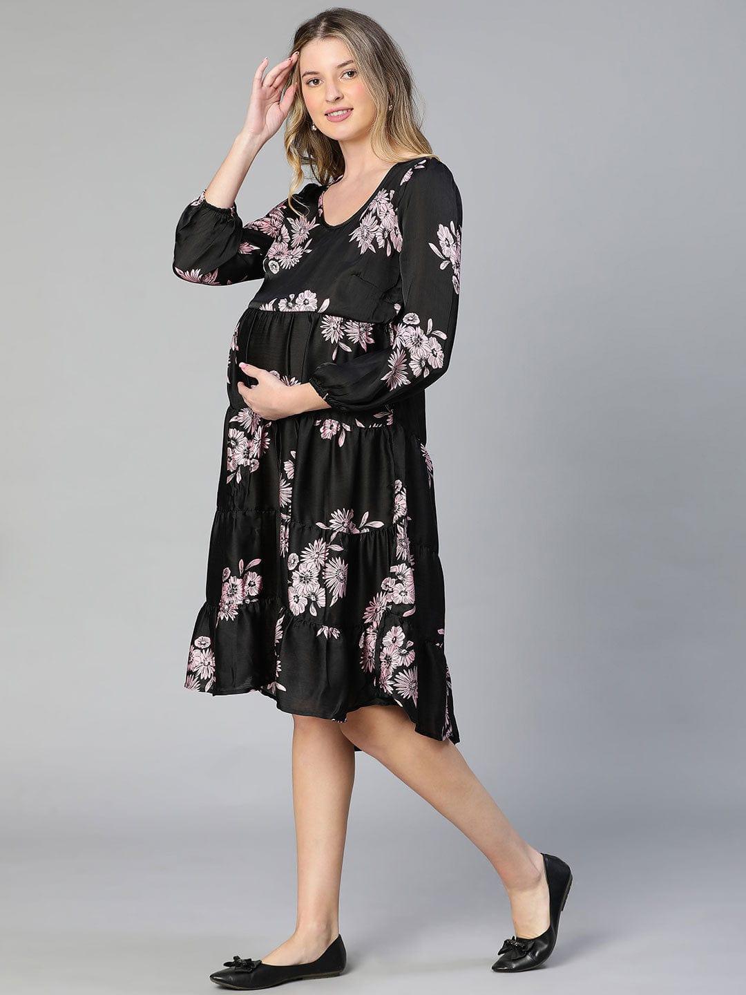 Allice Black Floral Print Feeding Zip Maternity Dress Stylish - Image 3