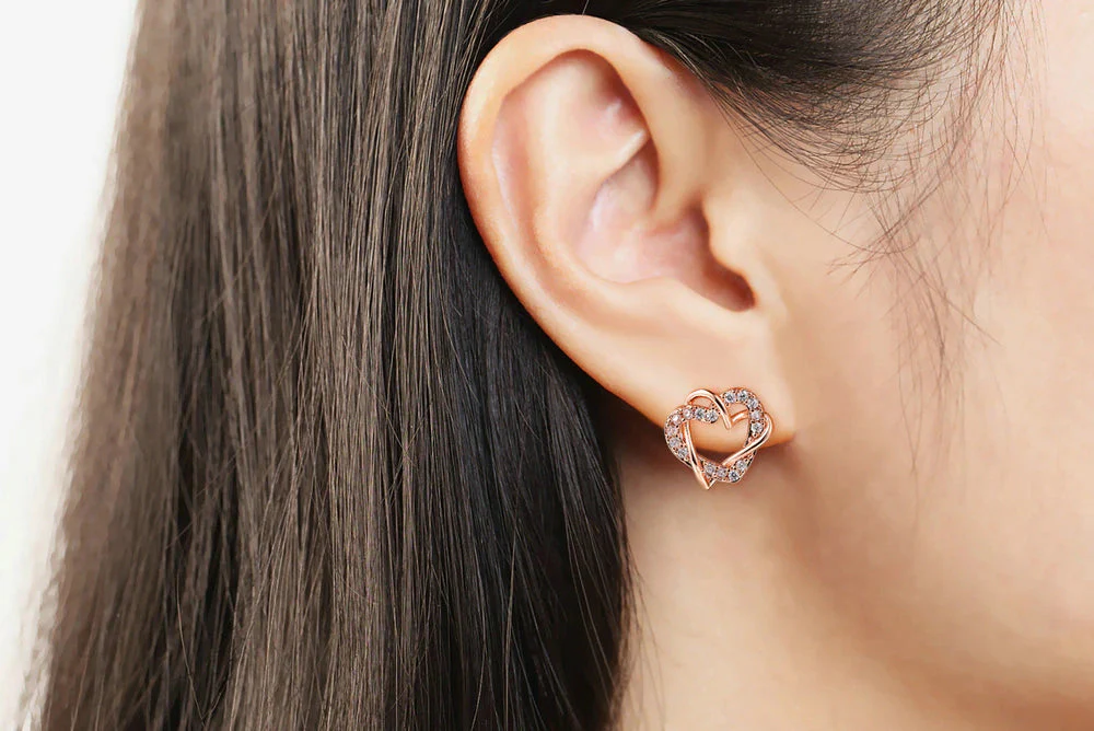 Alloy Heart Shape Stud Earrings For Women And Girls, Cubic Zirconia Hollow Heart Contemporary Studs - Image 2