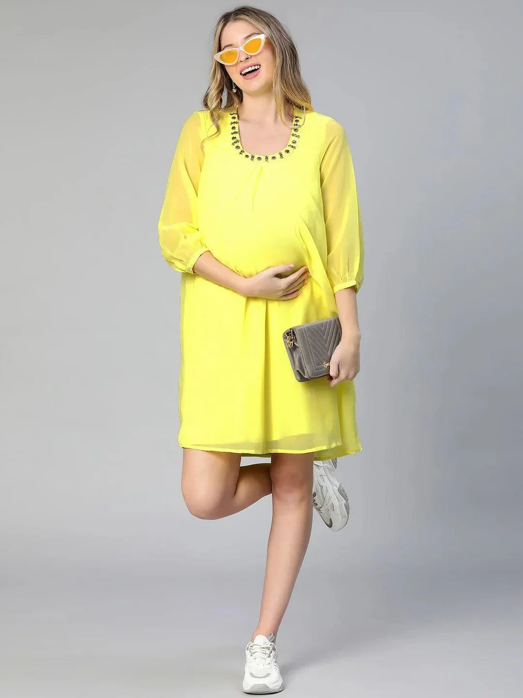 Allured Yellow Embellished Elasticated Maternity Dress - Image 7