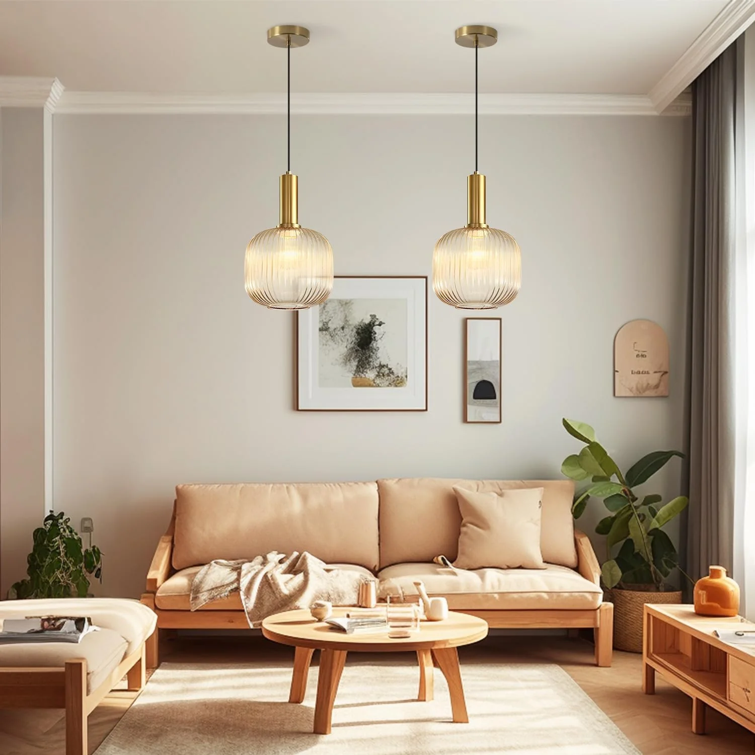 Amber Glass Pendant Light Antique Brass - Image 3