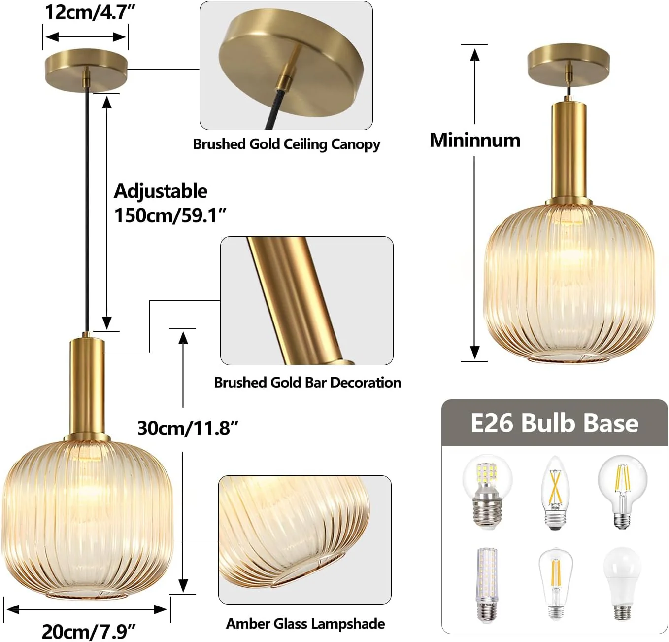 Amber Glass Pendant Light Antique Brass - Image 4