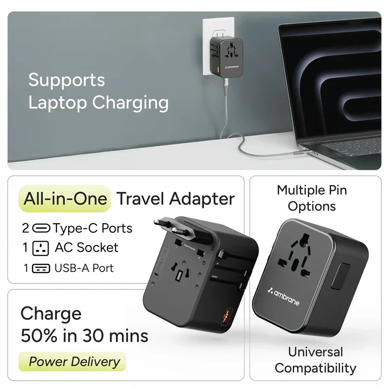 Ambrane International Travel Adapter - ATA 02 65W Type C Laptop Charging - Image 2