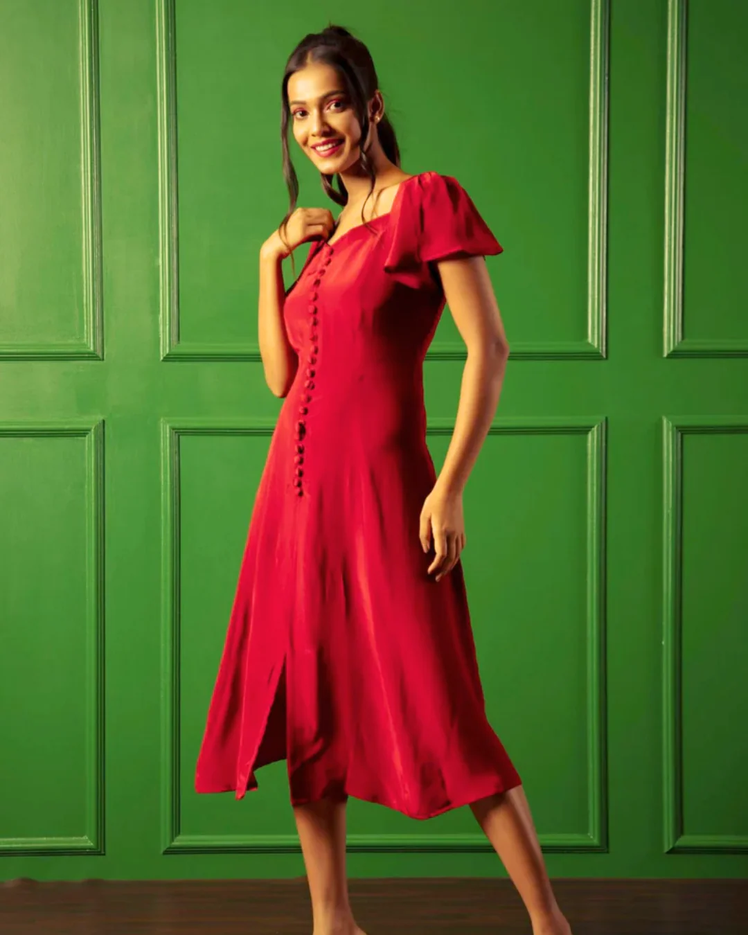 American Crepe A-Neckline Flare Midi Dress - Image 10