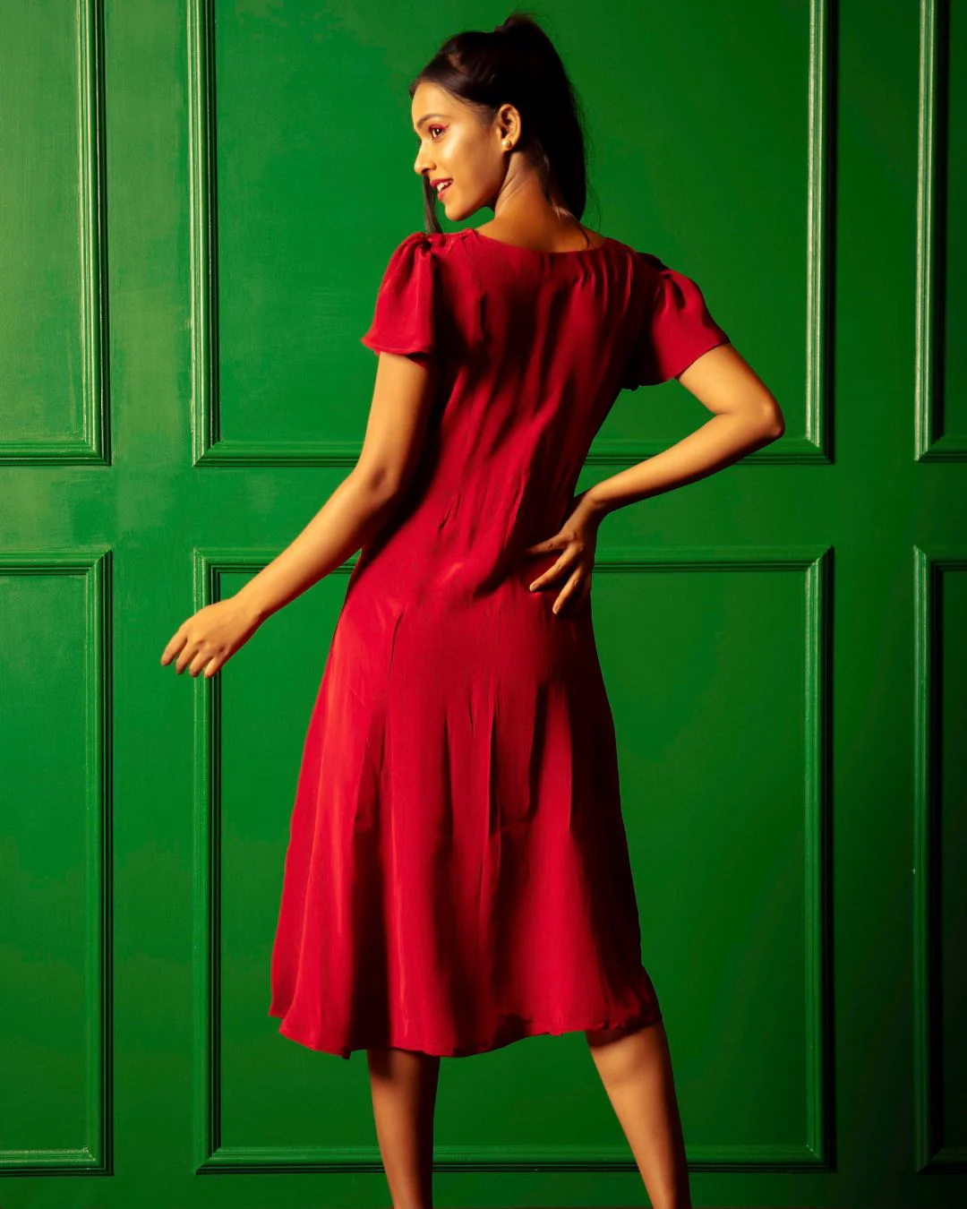 American Crepe A-Neckline Flare Midi Dress - Image 8
