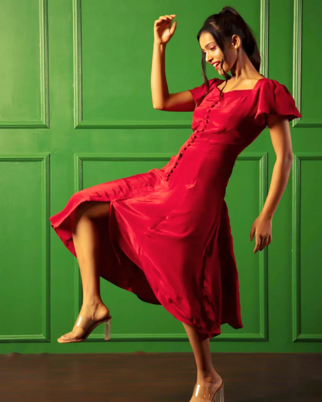 American Crepe A-Neckline Flare Midi Dress - Image 9