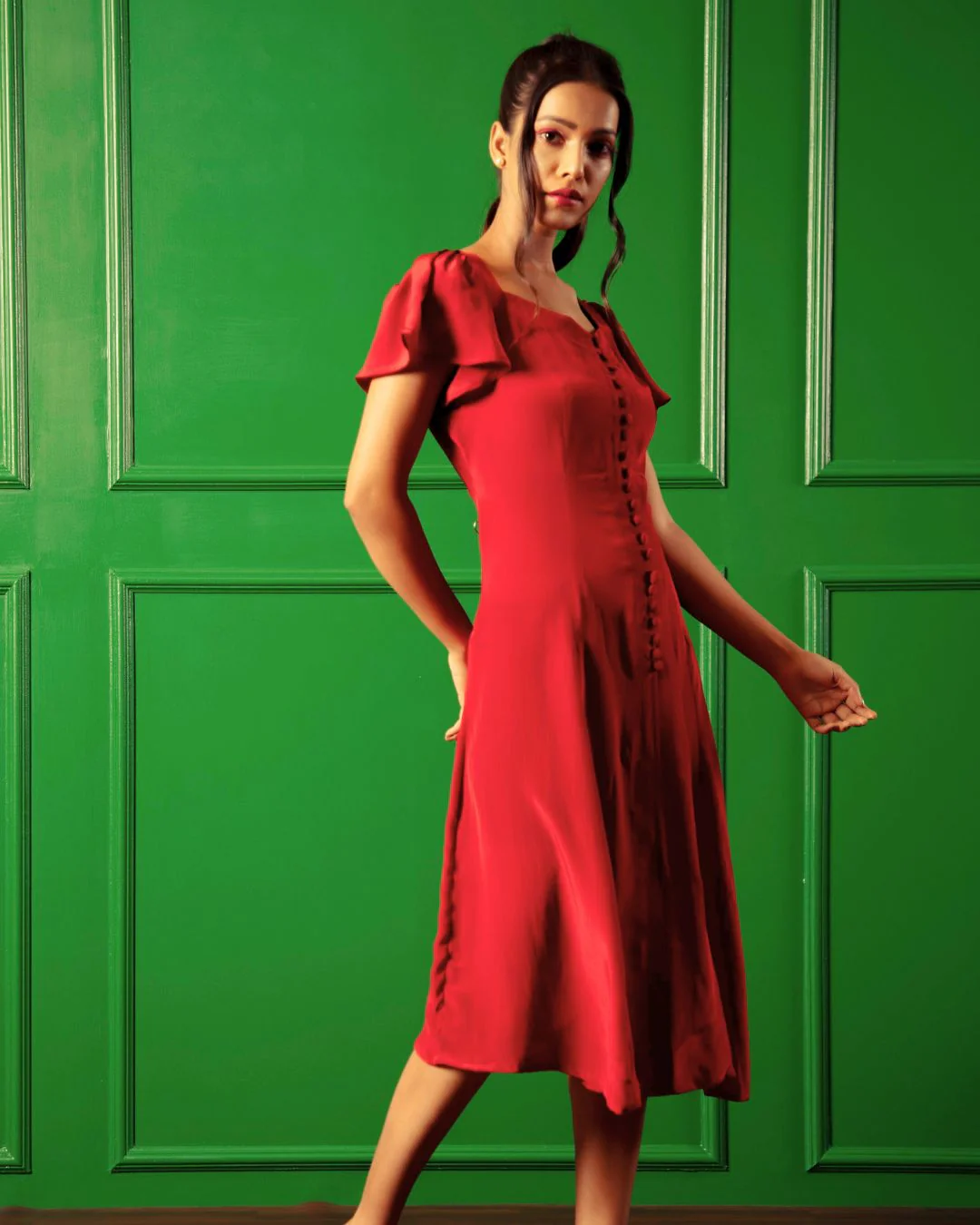 American Crepe A-Neckline Flare Midi Dress - Image 2