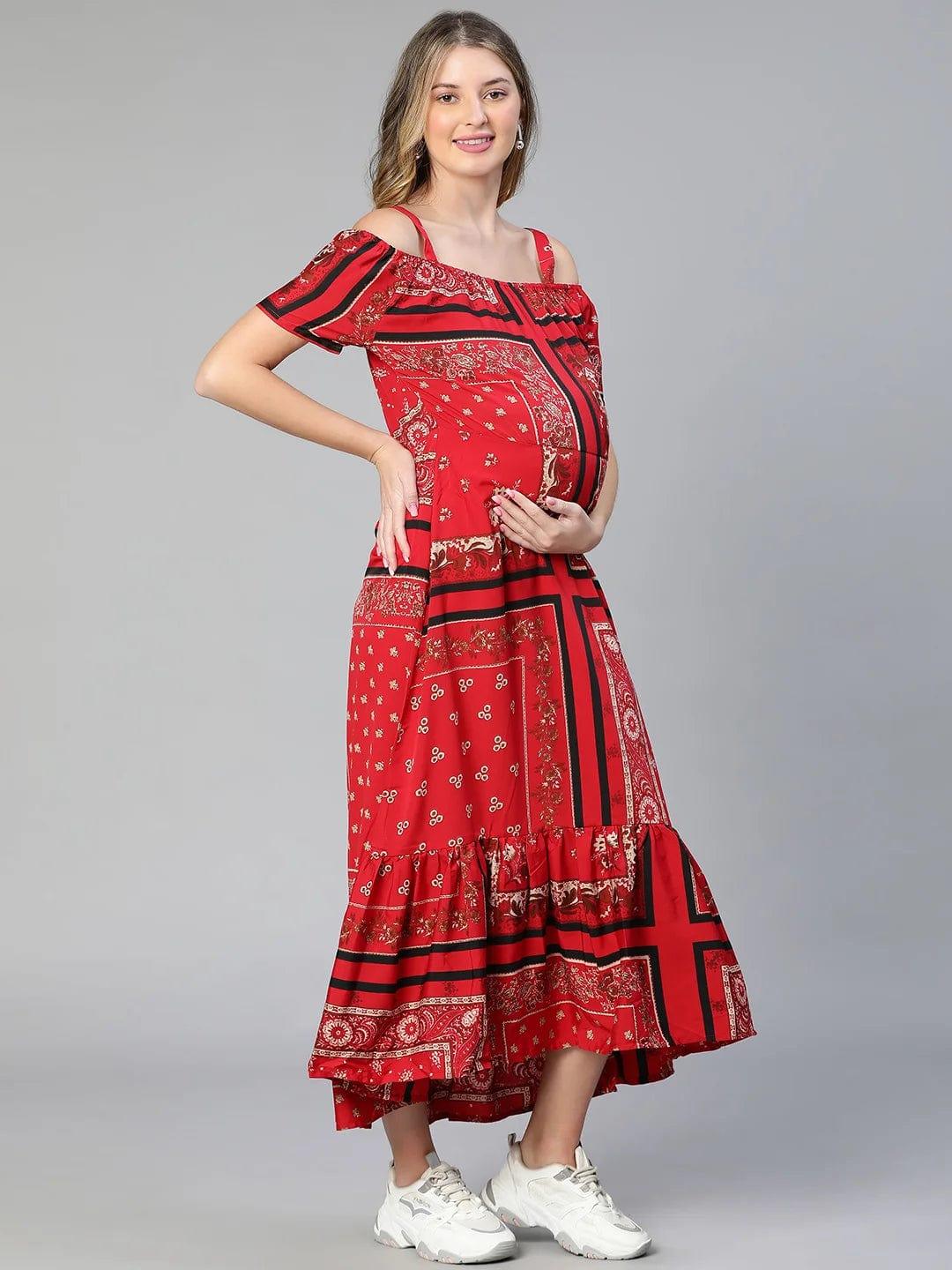 Amplified Red Floral Print Off-Shoulder Maternity Dress For Moms - Image 4