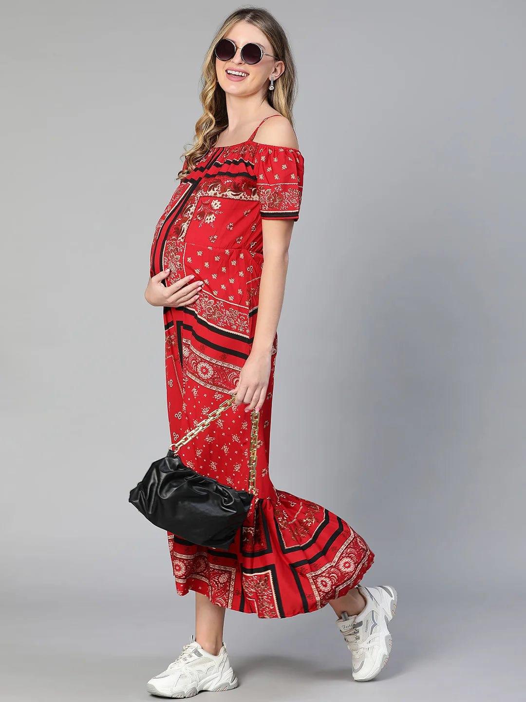 Amplified Red Floral Print Off-Shoulder Maternity Dress For Moms - Image 8
