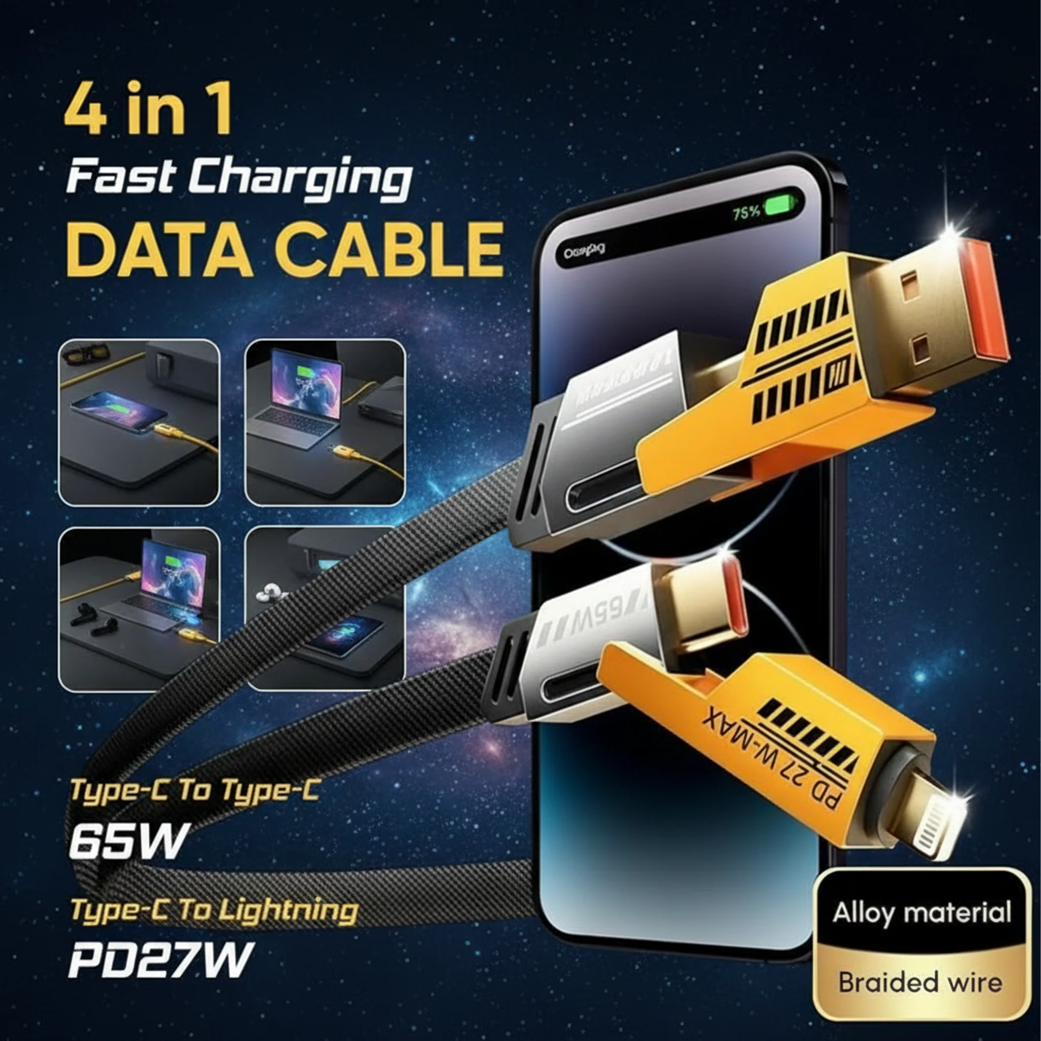 4-in-1 65W Fast Charging Cable | ⁠USB, Lightning, C-Type Ports| AmpX - Image 2