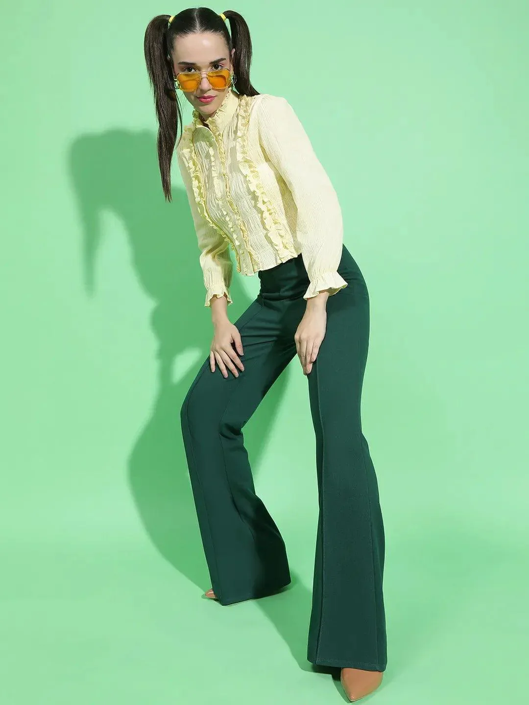 Angelic Yellow Round Neck Ruffle Detailed Cotton Shirt - Image 7