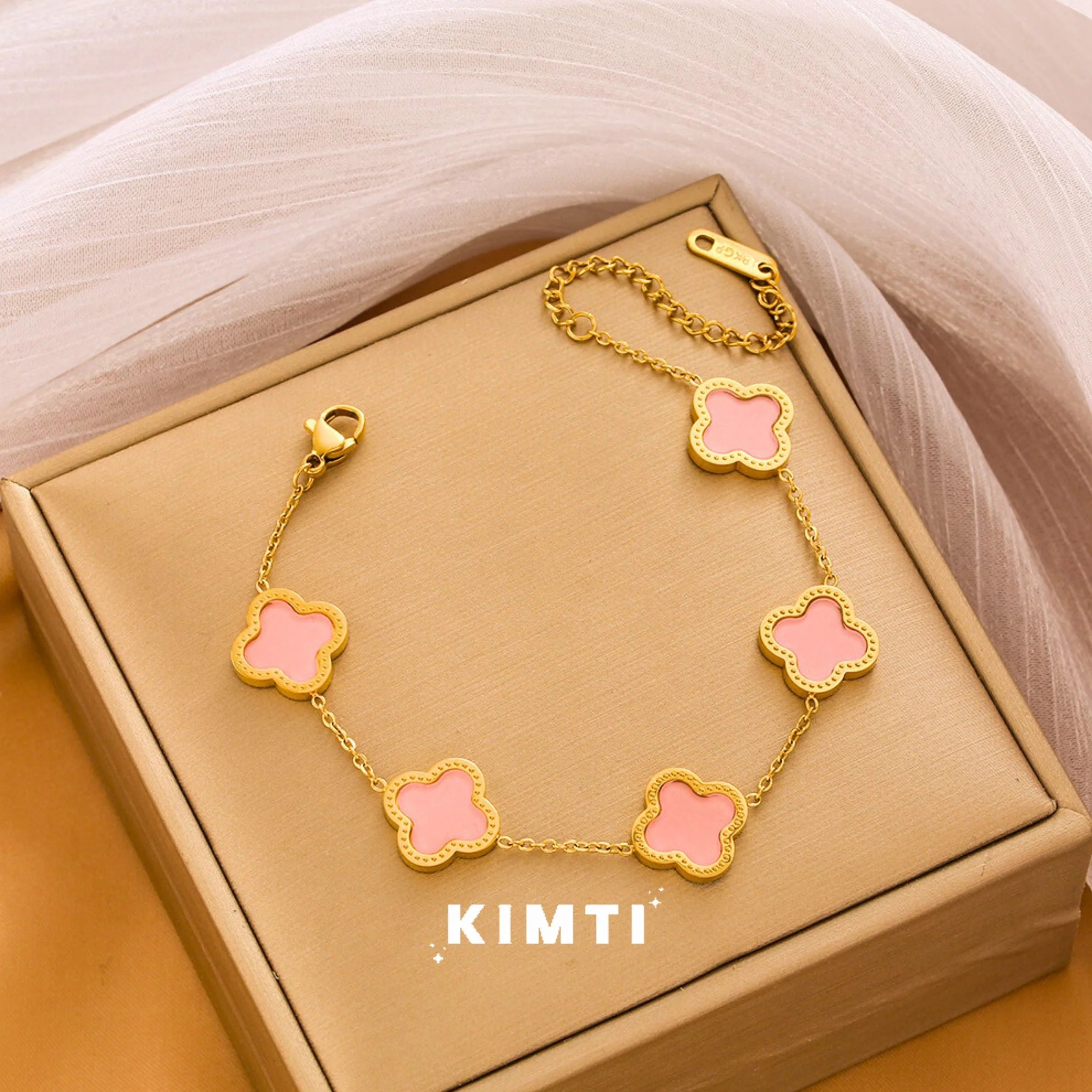 Anti Tarnish Pink Flower Bracelet - Image 2
