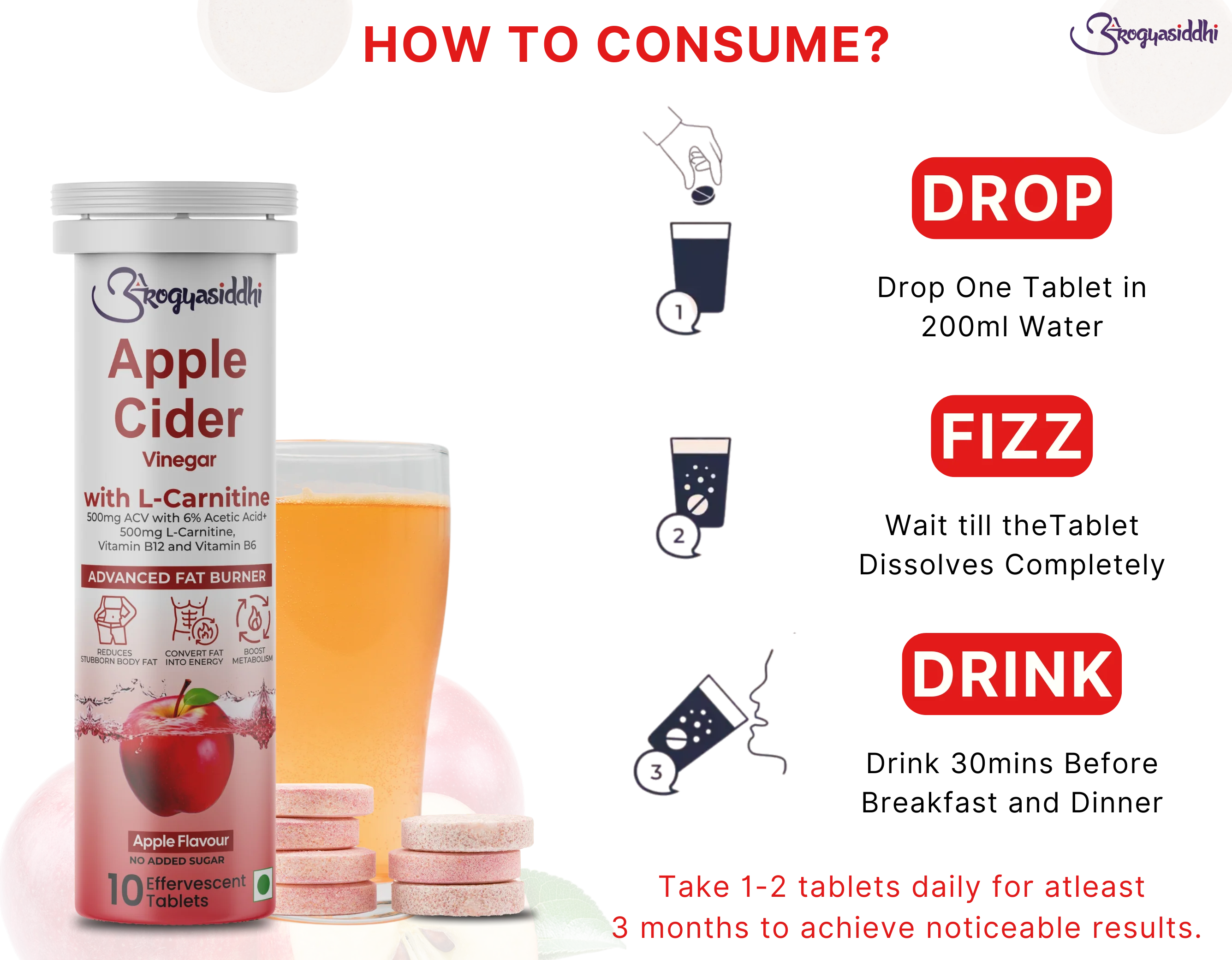 Apple Cider Vinegar 500mg with L-Carnitine 500mg, Advanced Fat Burner ( 10 Effervescent Tablets ) - Image 6