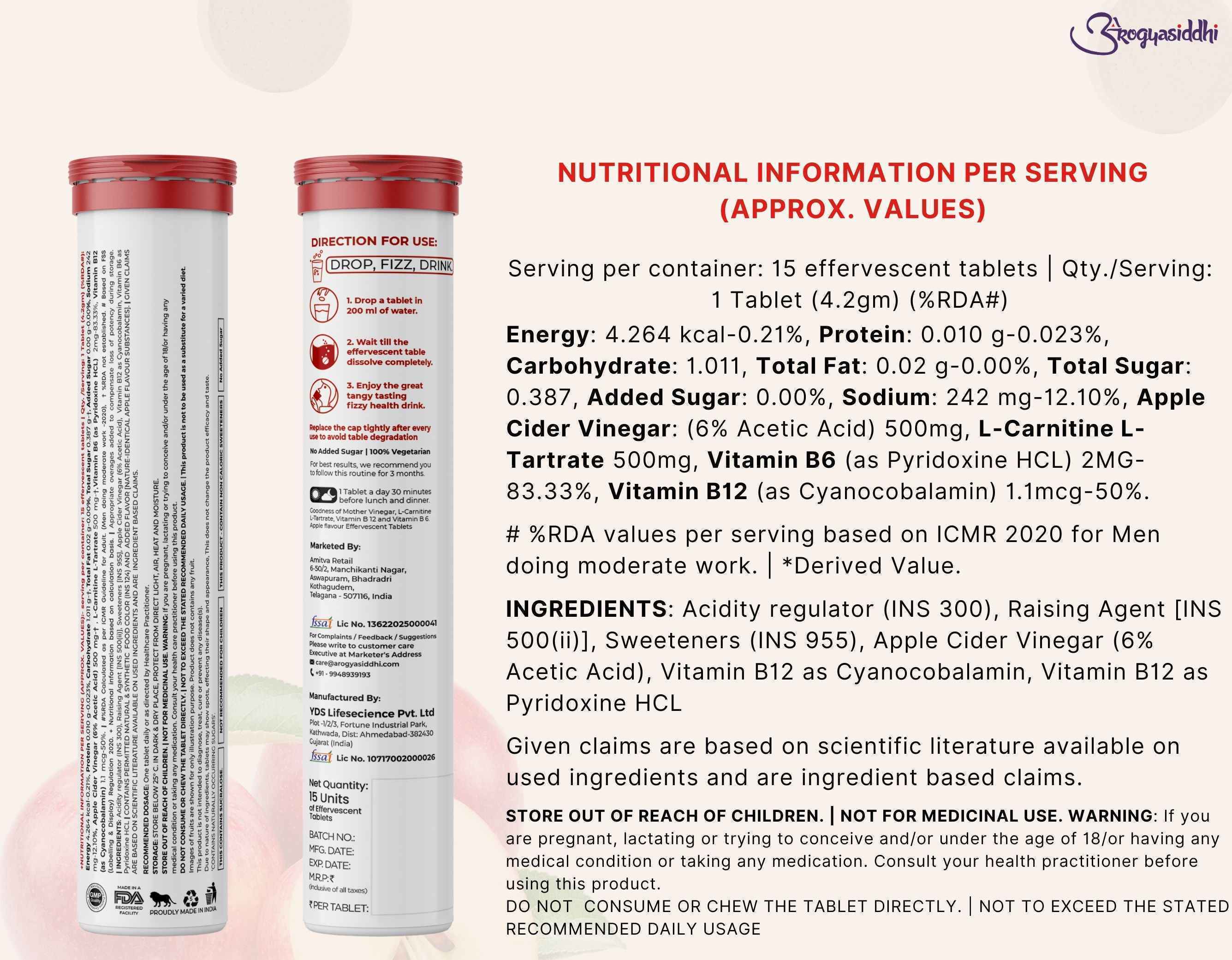 Apple Cider Vinegar Fat Burner 500mg with L-Carnitine 500mg - Advanced 30 Effervescent Tablets - Image 7