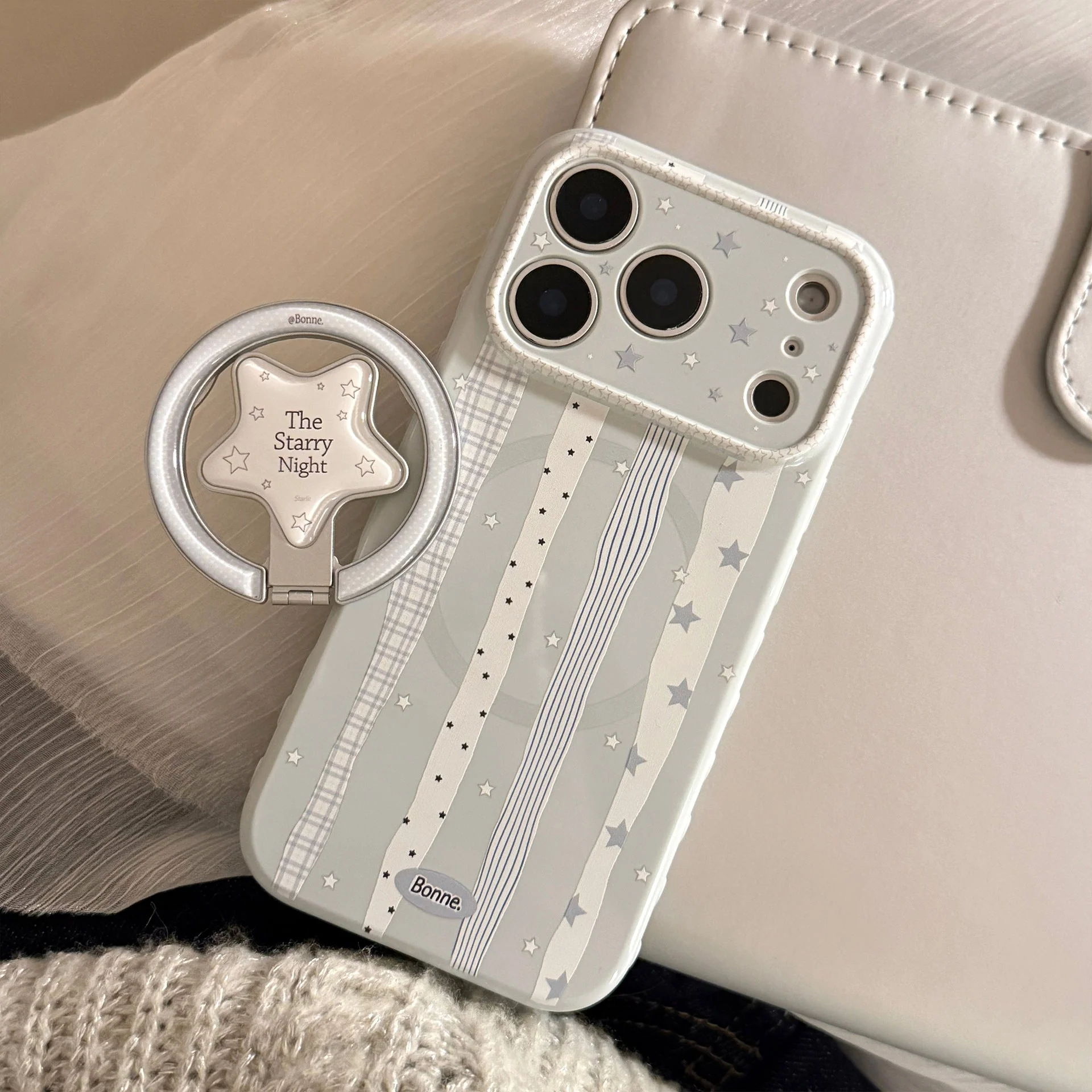 Apple Iphone Cream Blue Star Suitable case with Striped Magnetic Stand ( Exclusive ) - Image 8