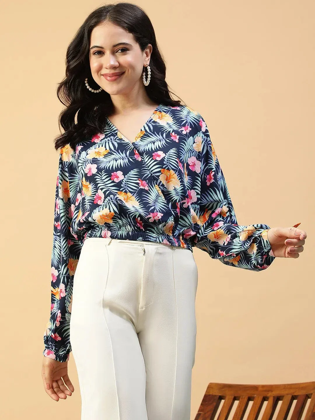 Approved Blue Floral Print Long Sleeve Elasticated Women Crop Top