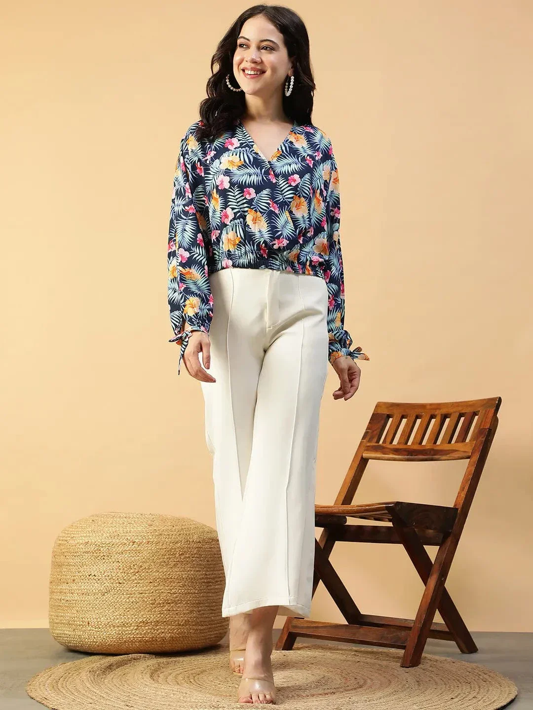 Approved Blue Floral Print Long Sleeve Elasticated Women Crop Top - Image 2