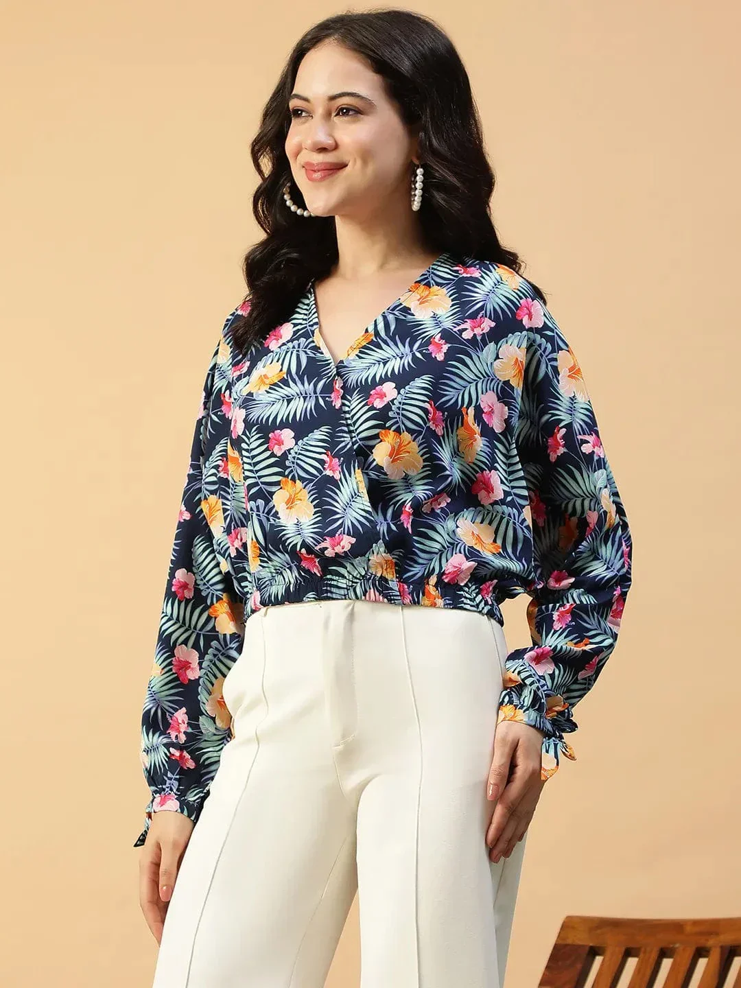 Approved Blue Floral Print Long Sleeve Elasticated Women Crop Top - Image 3