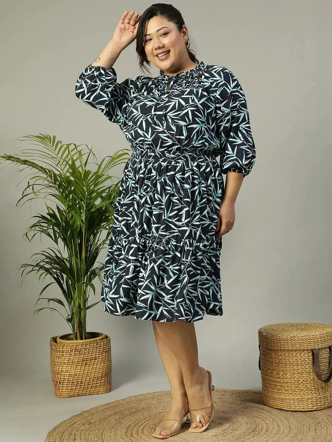 Aqua Blue Tropical rayon Print 3/4 Sleeve Smocked Elasticated Plus Size Women Dress - Image 8