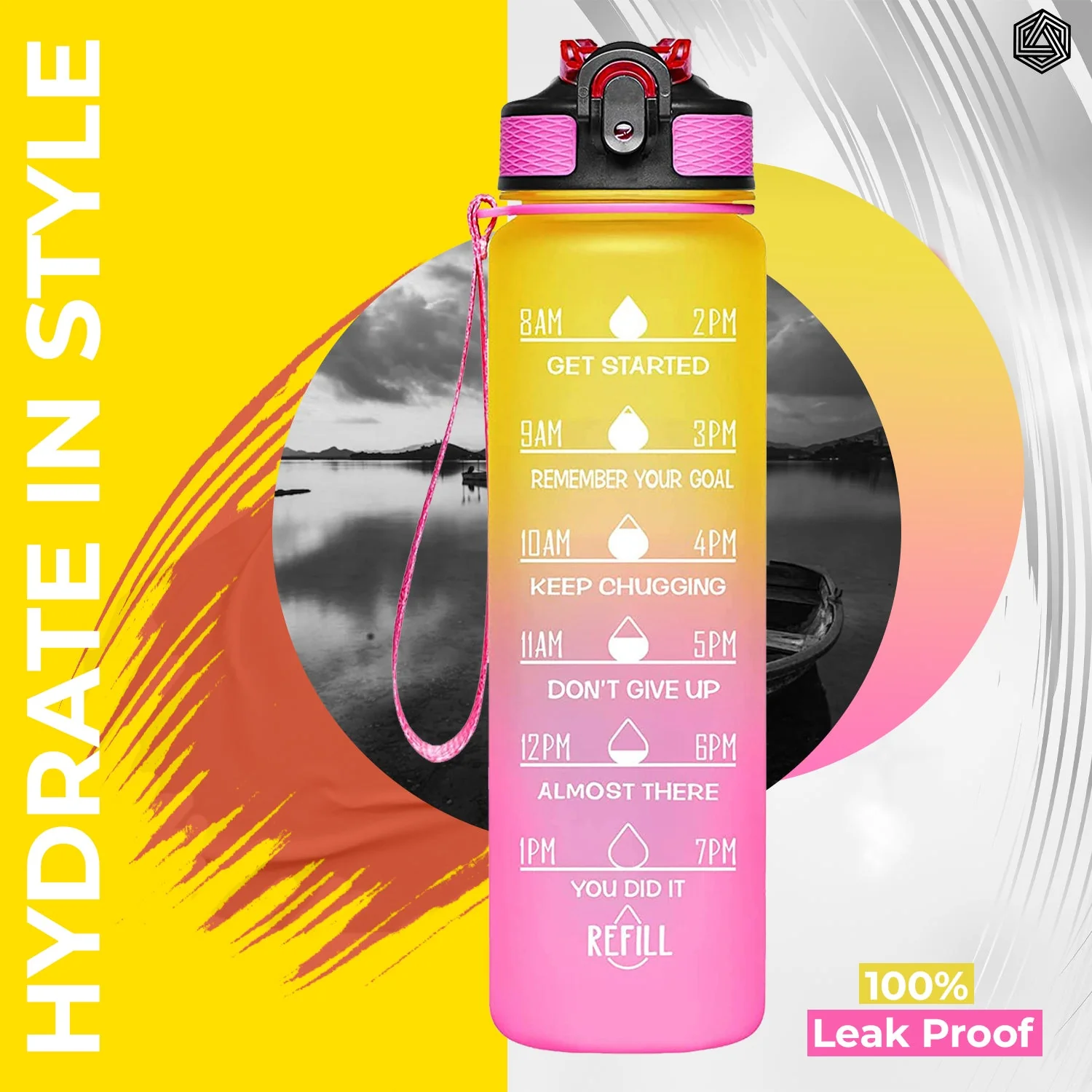 Aqua Motivational Bottle Yellow Pink - 1L - Image 7