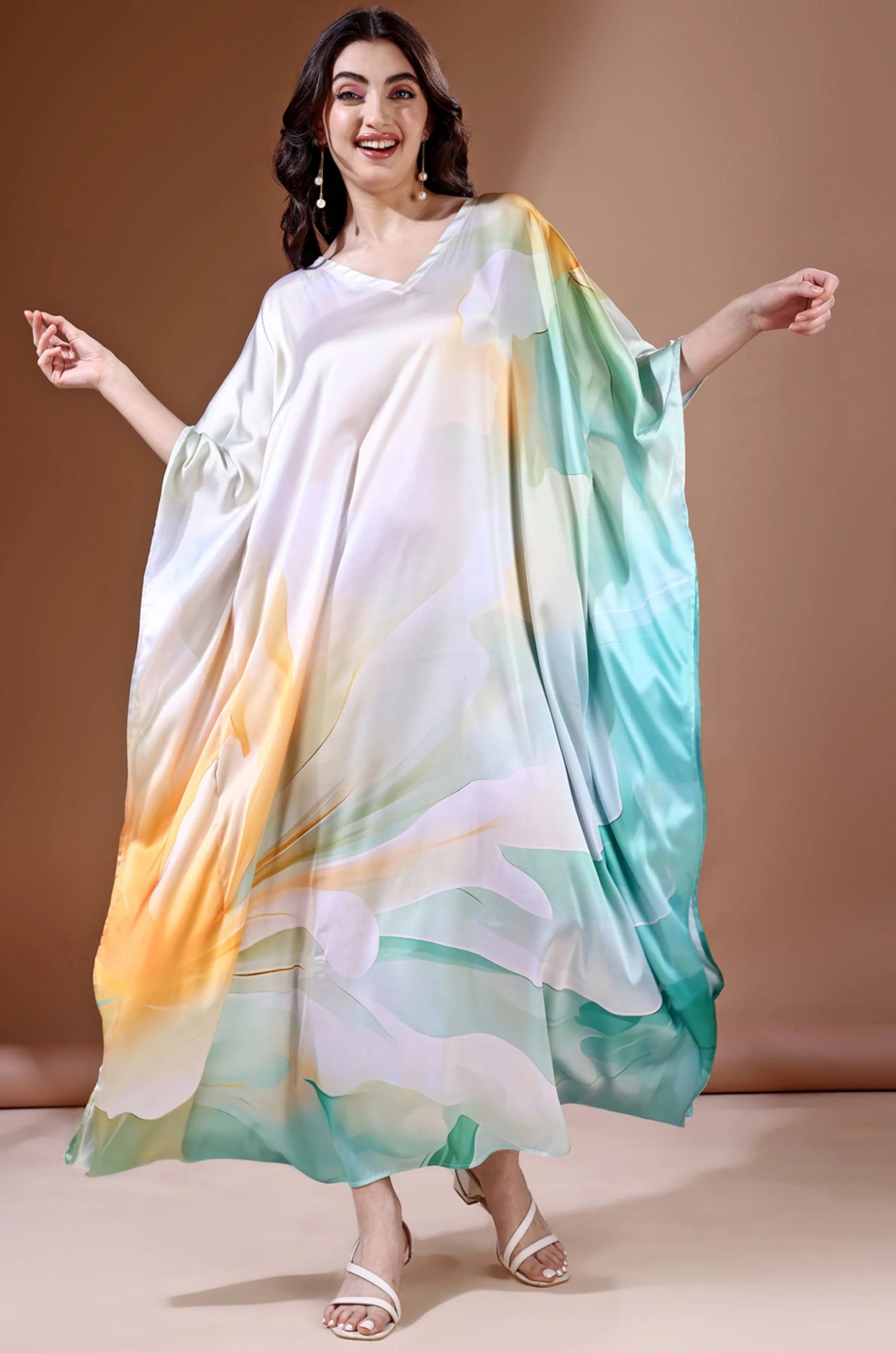 Aqua Waves Soft Satin Kaftan With Digital Print