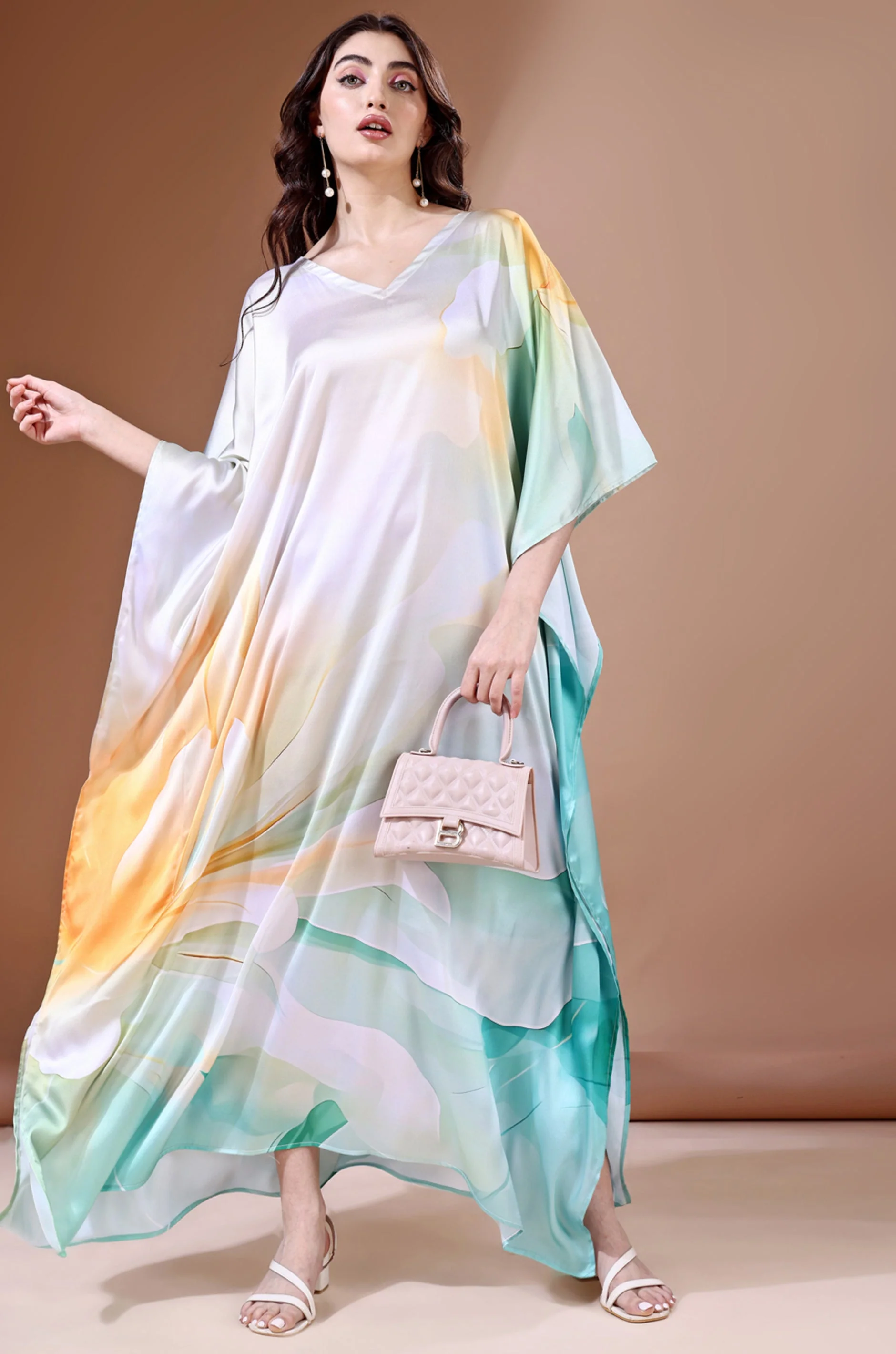 Aqua Waves Soft Satin Kaftan With Digital Print - Image 4