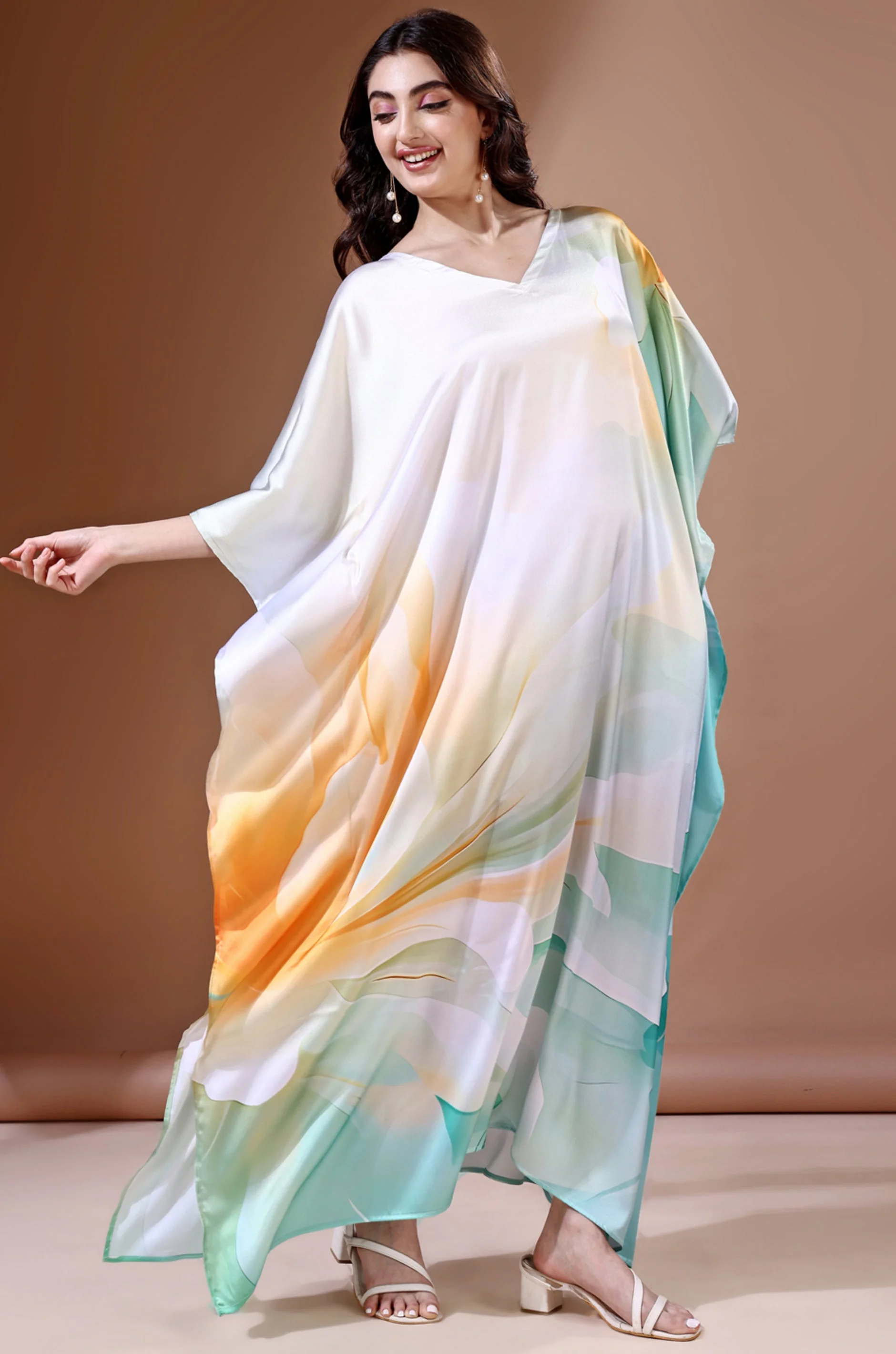 Aqua Waves Soft Satin Kaftan With Digital Print - Image 6