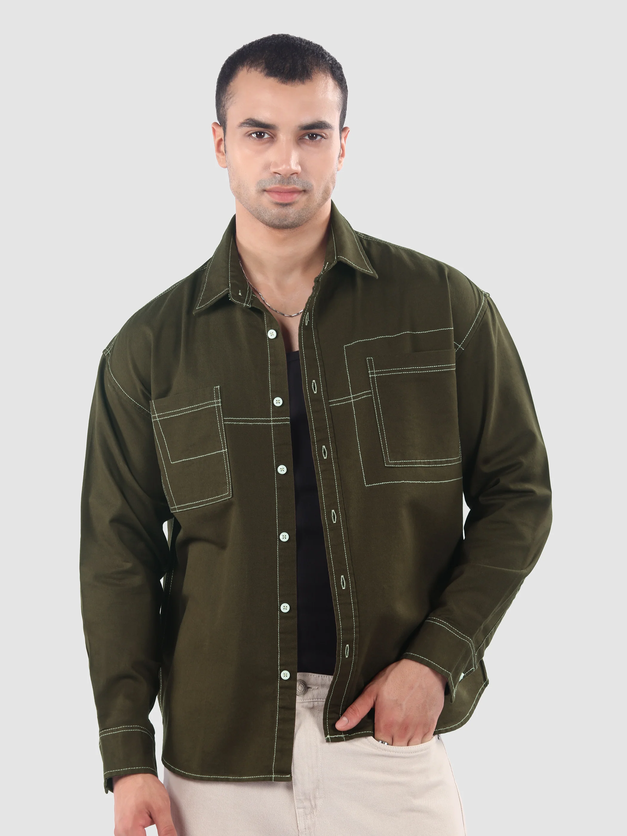 Army Green Dual Pocket Contrast Stitch Shirt