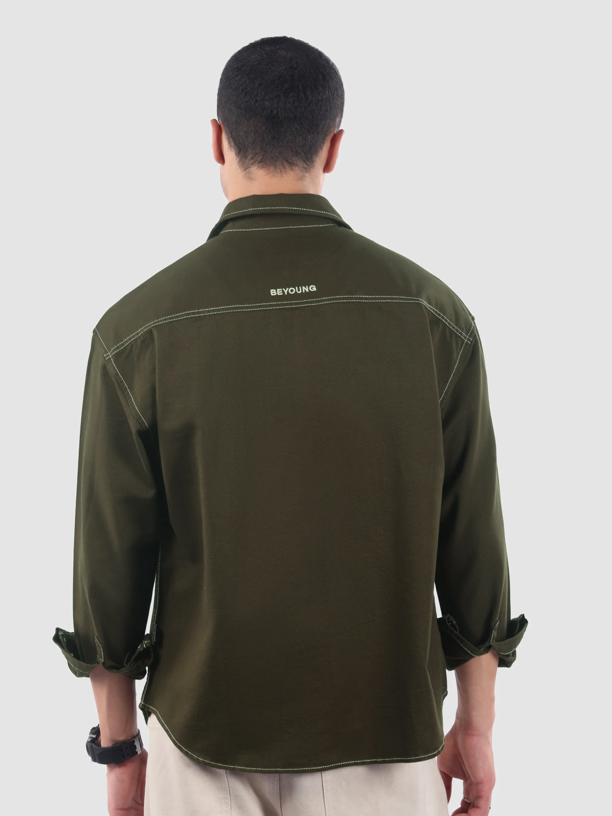 Army Green Dual Pocket Contrast Stitch Shirt - Image 3