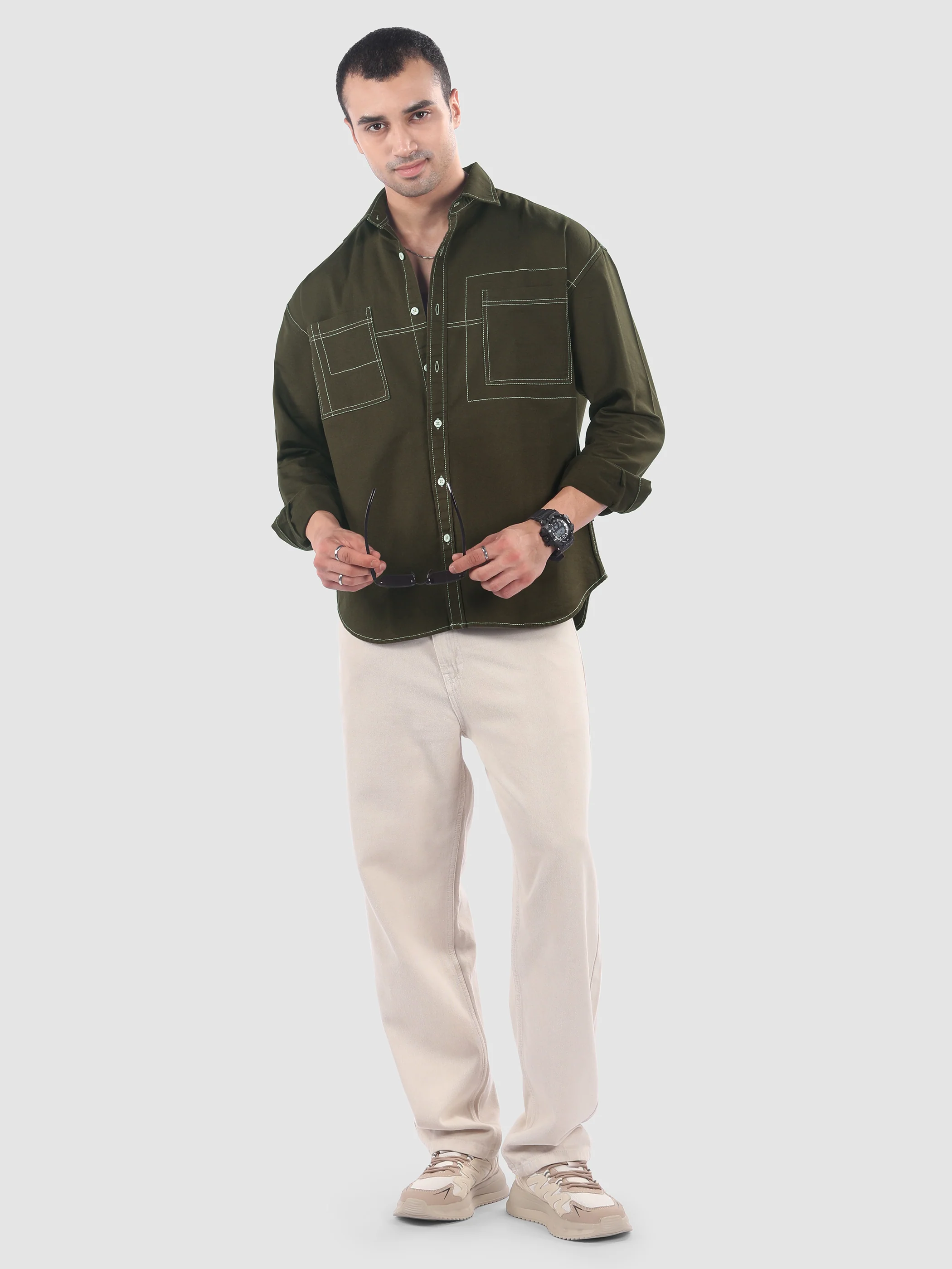 Army Green Dual Pocket Contrast Stitch Shirt - Image 5