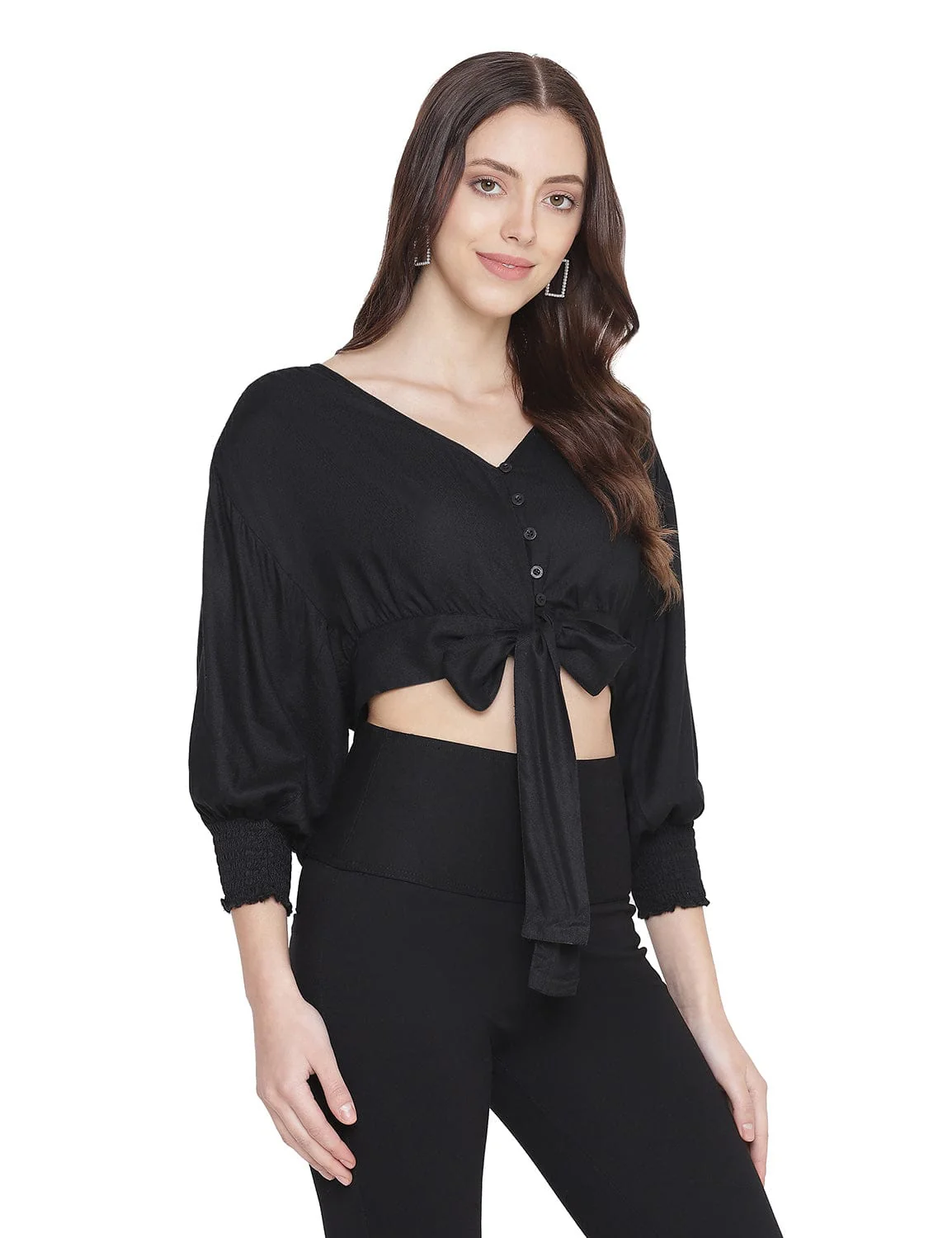 Aroma Solid Black Tie - Knot Women Top - Image 2