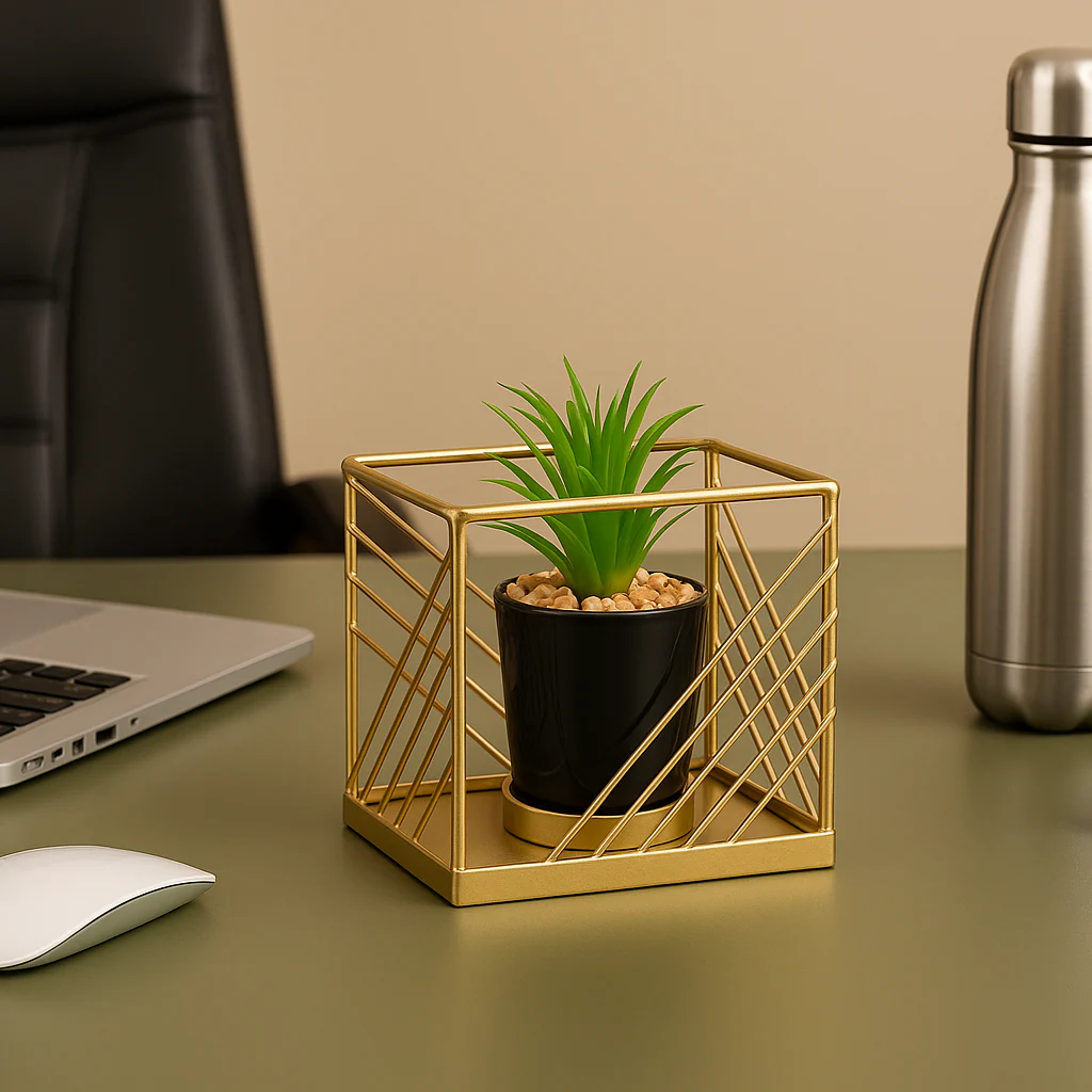 Artificial Tabletop Planter with Golden Metal Frame & Black Pot