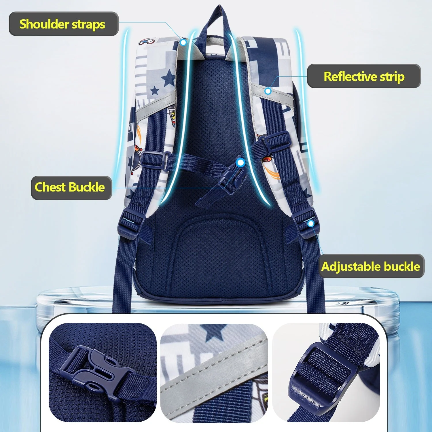 Astro on Rocket Design Backpack for Kids (White-Navy Blue) - Image 3