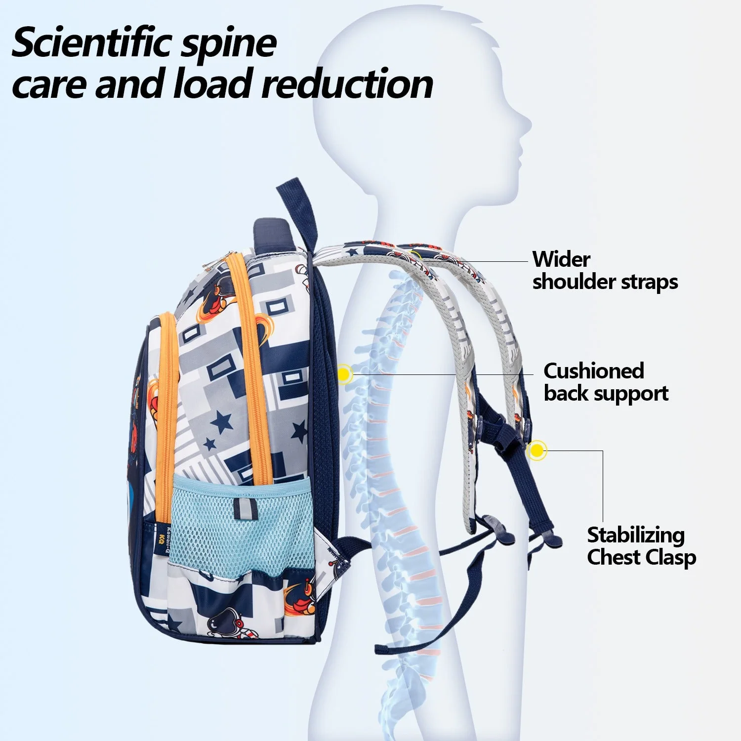 Astro on Rocket Design Backpack for Kids (White-Navy Blue) - Image 4
