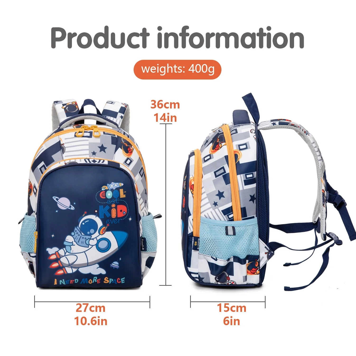 Astro on Rocket Design Backpack for Kids (White-Navy Blue) - Image 5