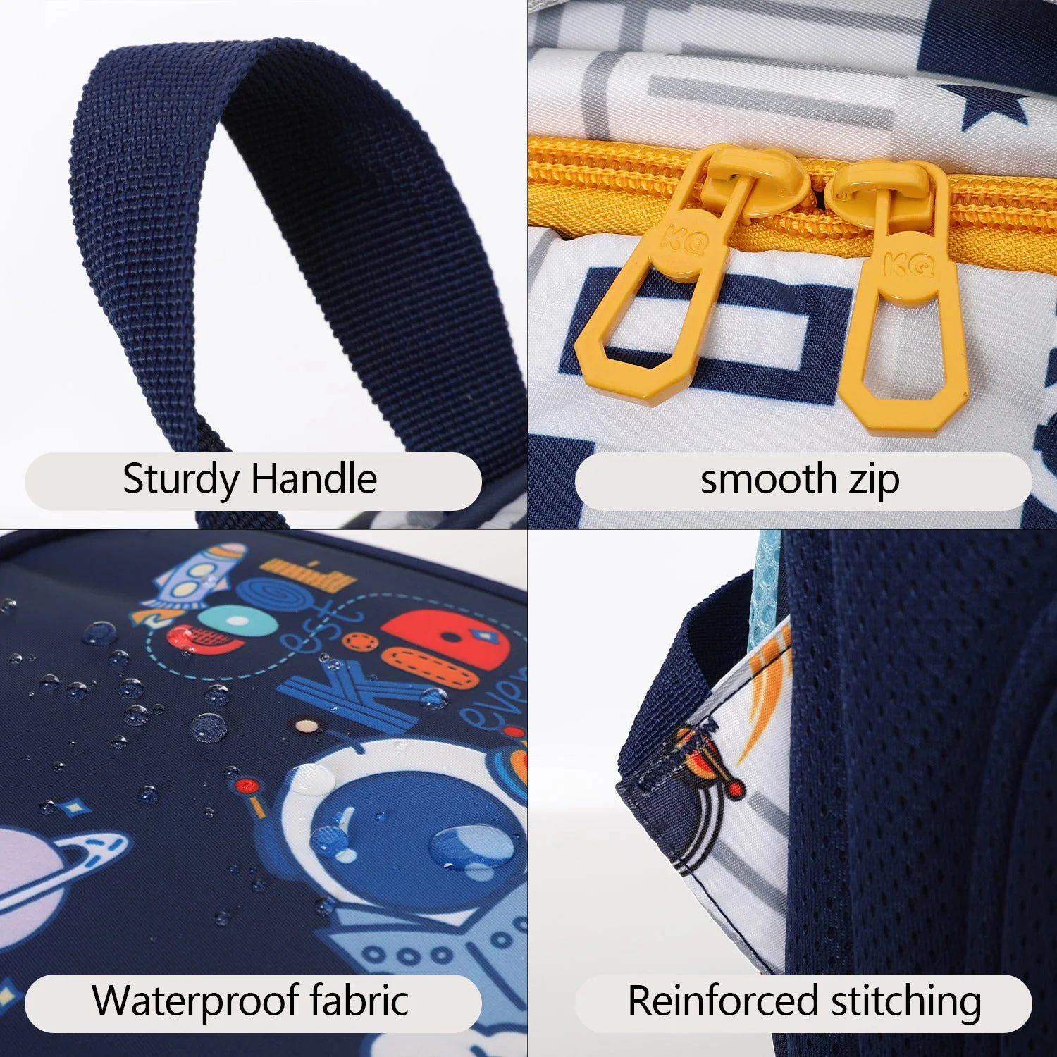 Astro on Rocket Design Backpack for Kids (White-Navy Blue) - Image 6