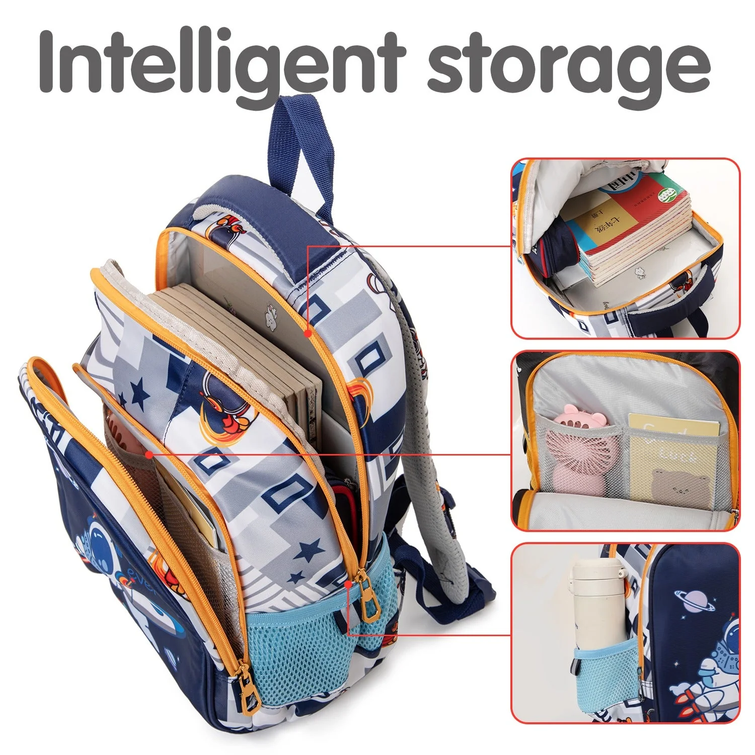 Astro on Rocket Design Backpack for Kids (White-Navy Blue) - Image 7