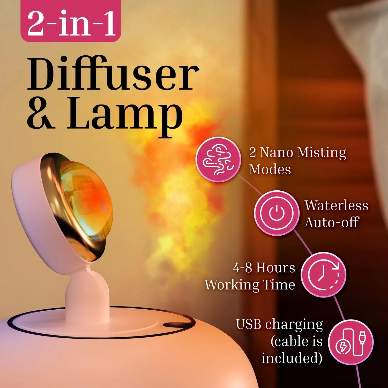 AuraMist: 2-in-1 Sunset Lamp & Cool Mist Humidifier USB Powered with Adjustable Mist Levels & 360° Rotatable Head - Image 2