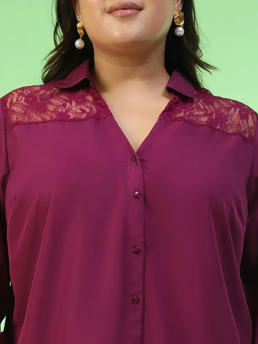 Babe Purple Collared Long Sleeve Lace Detail Button Down Plus Size Women Shirt - Image 6