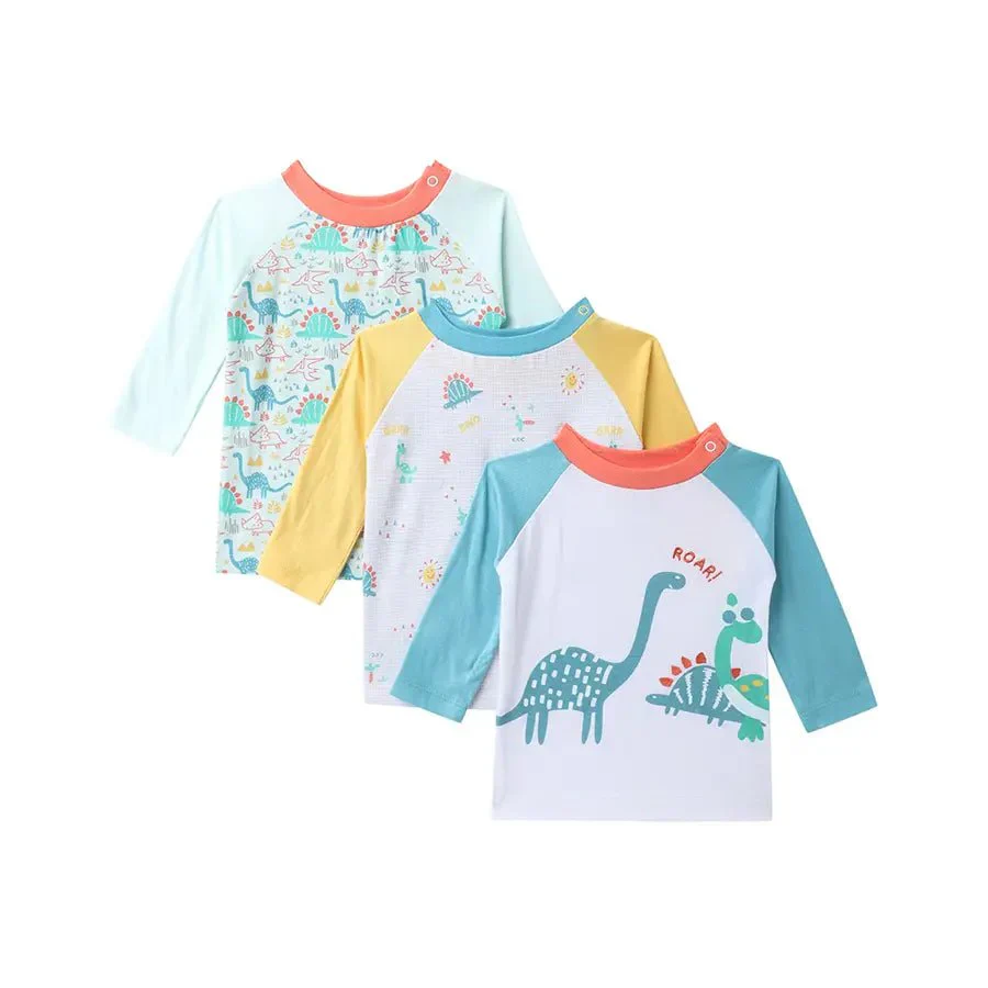 Baby Boy Dino Print Full Sleeve Baby T-Shirt Set (Pack Of 3)