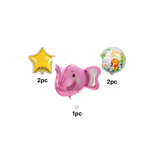 Baby Elephant Jungle Animal Themed Foil Balloon Set (Pink) (Pack of 5) - Image 3