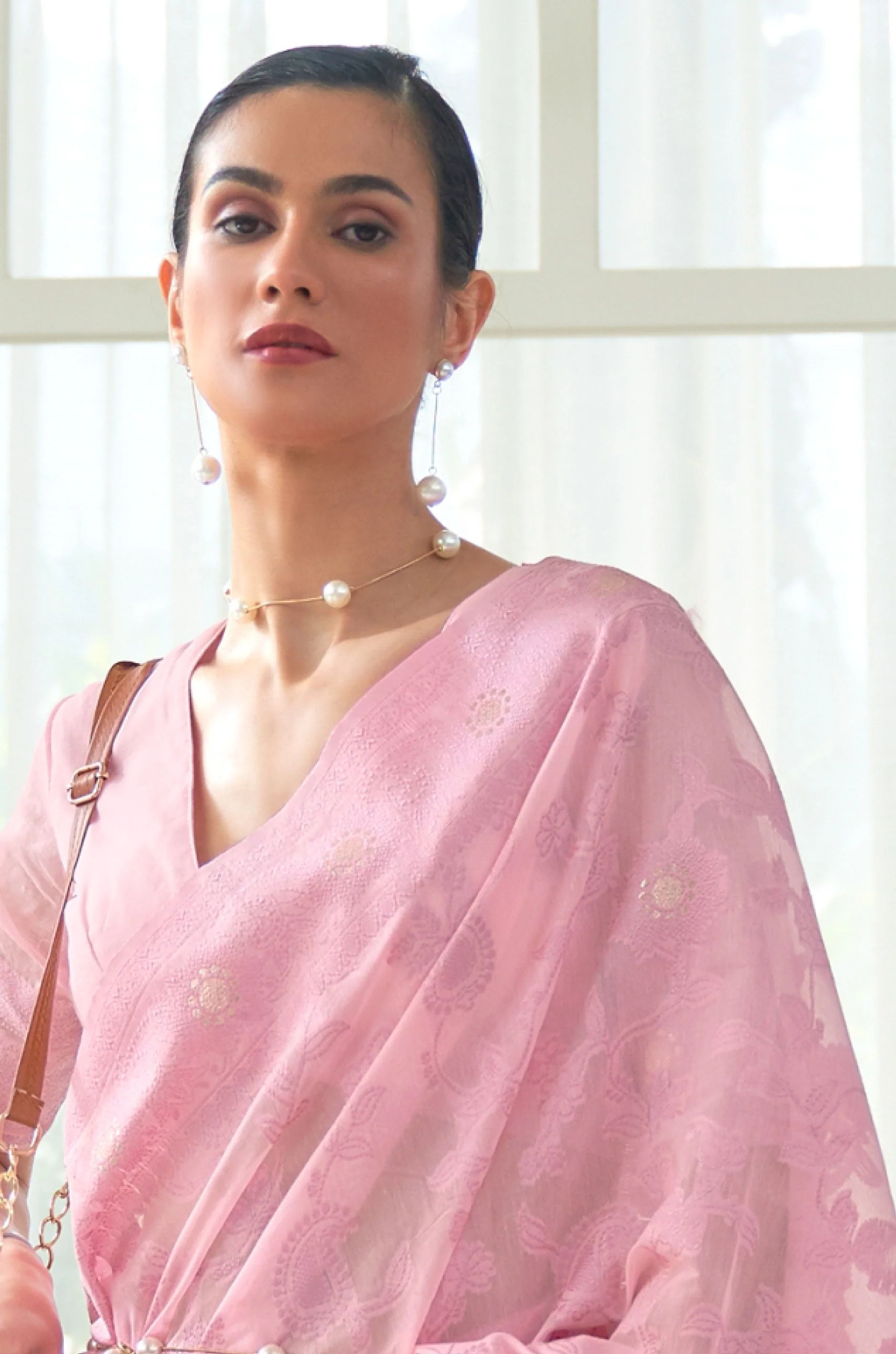 Baby Pink Woven Chikankari Banarasi Saree - Image 4