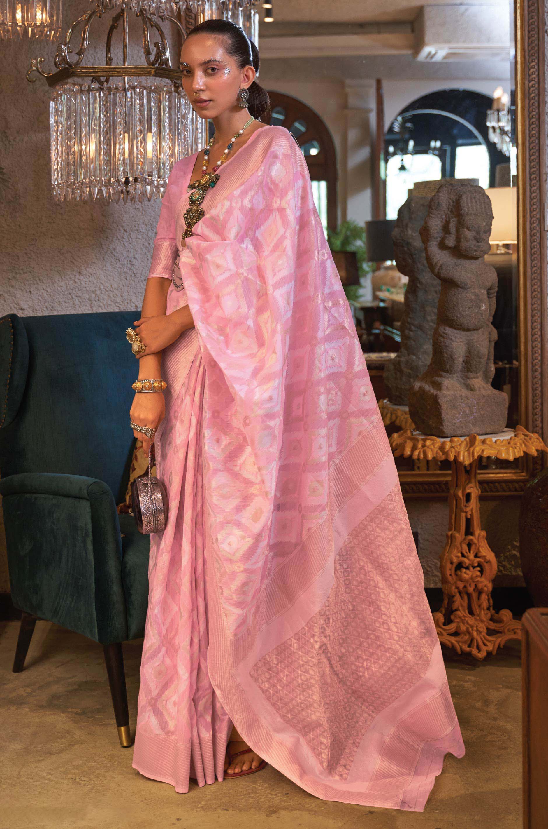 Baby Pink Woven Linen Saree